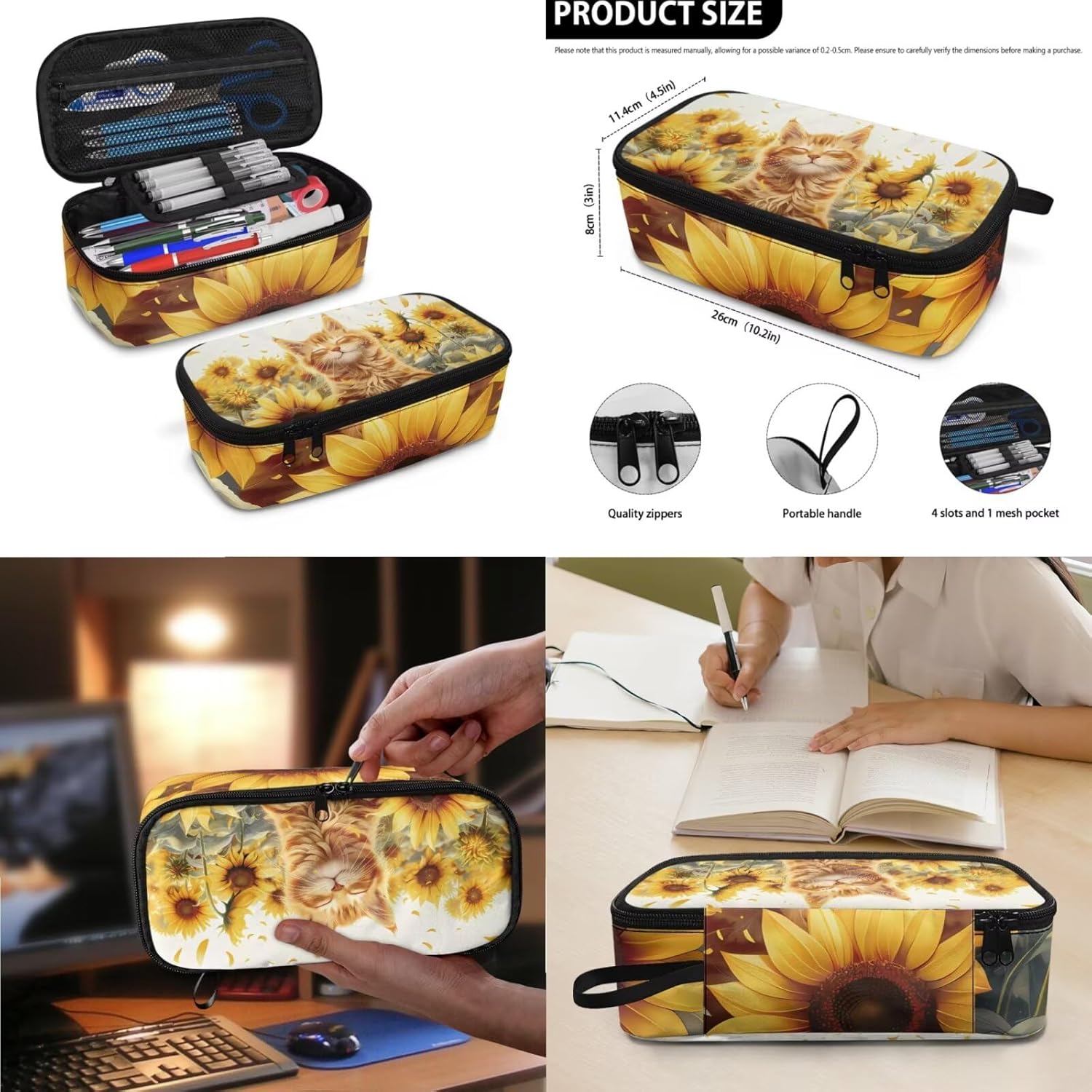 Glorowreny Cat Backpack for School Set of 3 Kawaii Sunflower Girls Bookbag Ages 6-8 with Lunch Box Portable Practical Insulated Lunch Bag Kids Girls Ideal for Daily Use - Image 4