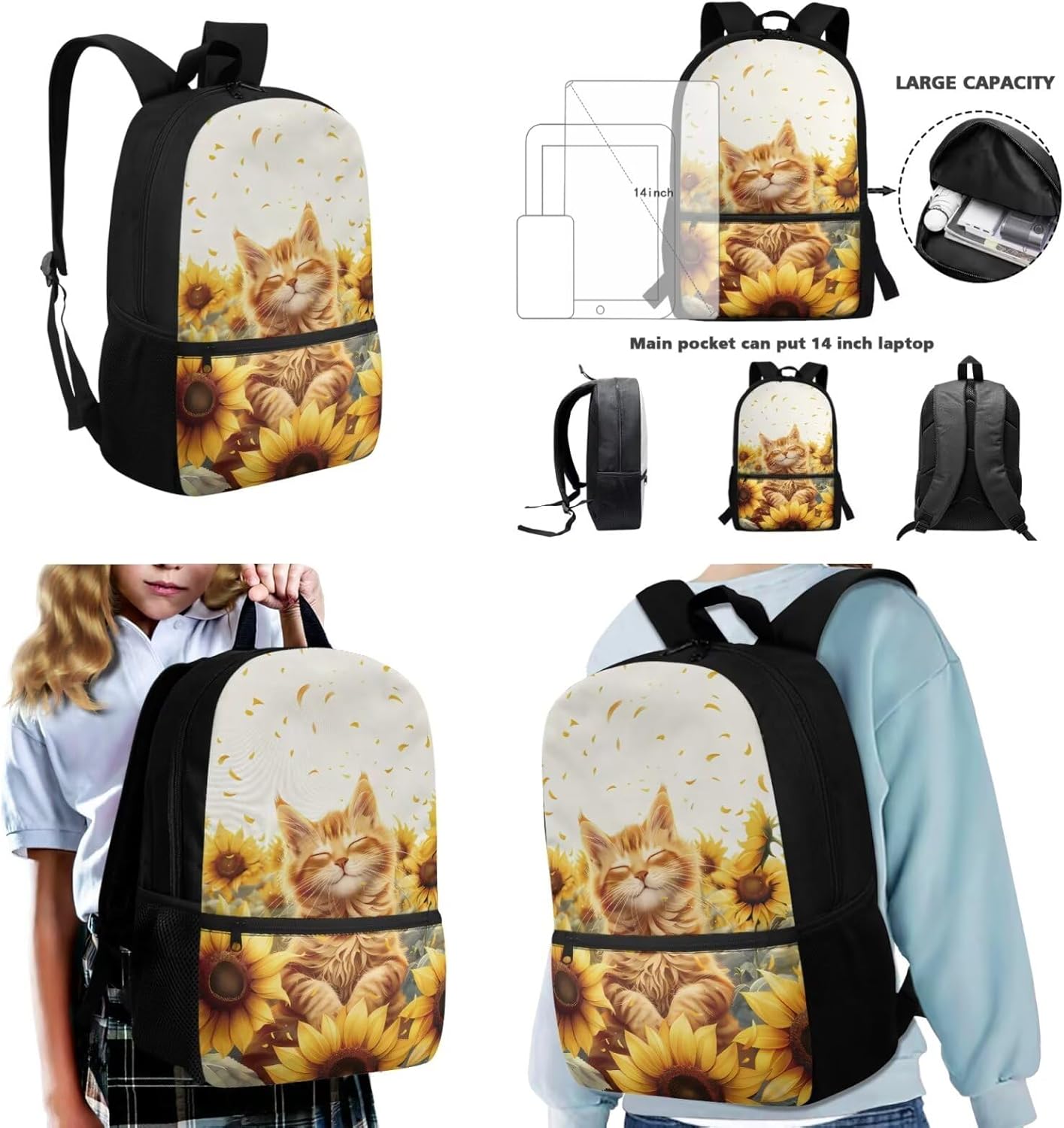 Glorowreny Cat Backpack for School Set of 3 Kawaii Sunflower Girls Bookbag Ages 6-8 with Lunch Box Portable Practical Insulated Lunch Bag Kids Girls Ideal for Daily Use - Image 4
