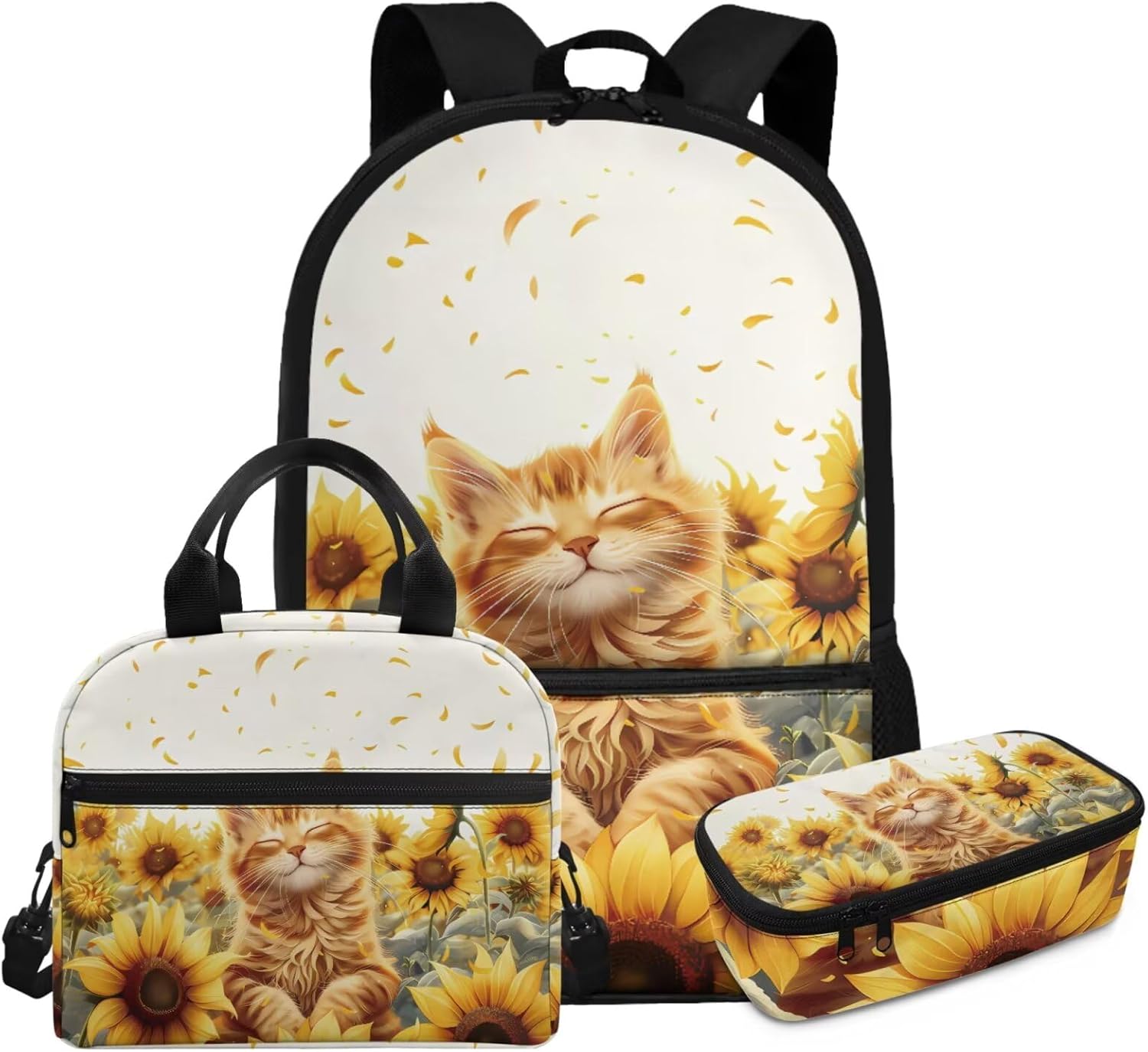 Glorowreny Cat Backpack for School Set of 3 Kawaii Sunflower Girls Bookbag Ages 6-8 with Lunch Box Portable Practical Insulated Lunch Bag Kids Girls Ideal for Daily Use