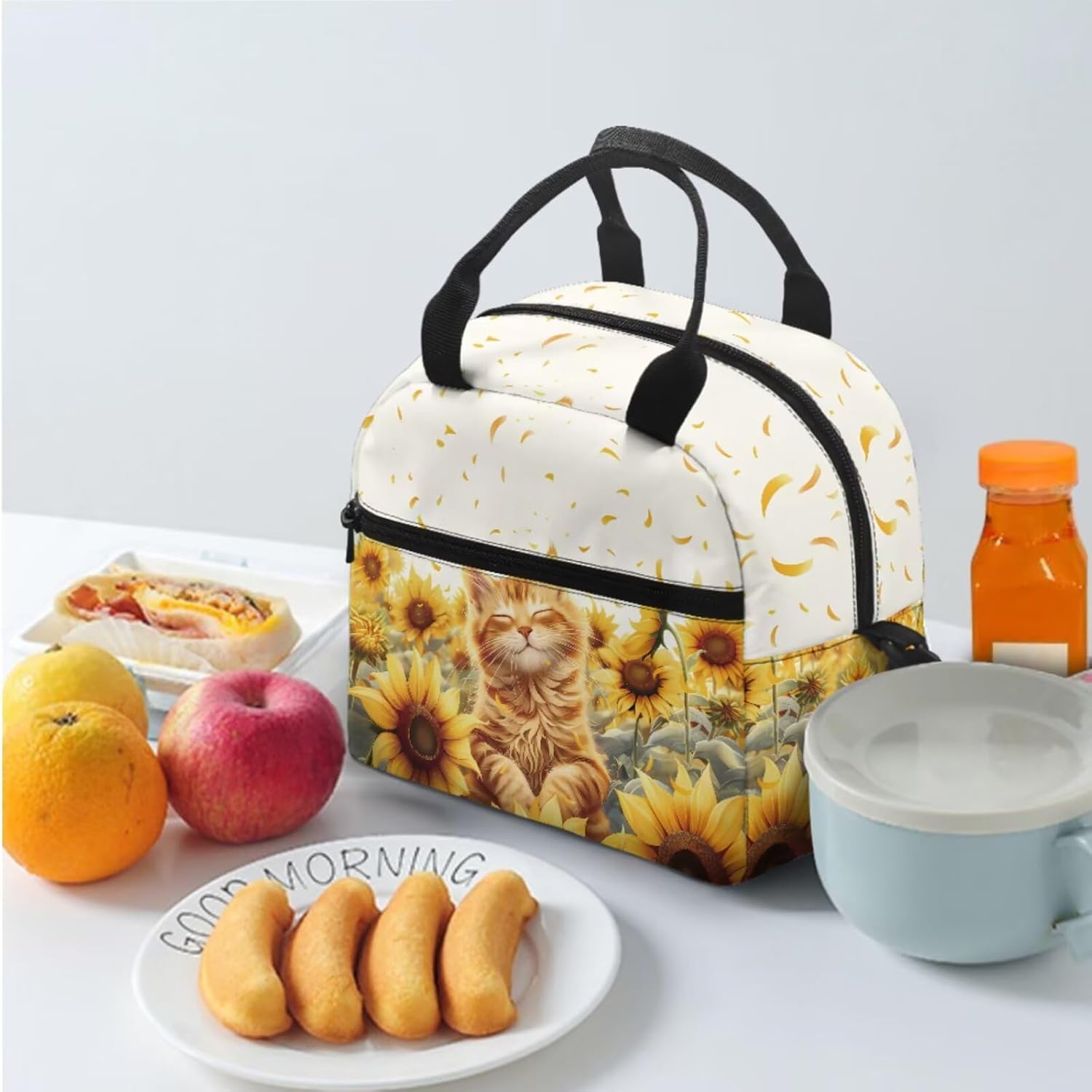 Glorowreny Cat Backpack for School Set of 3 Kawaii Sunflower Girls Bookbag Ages 6-8 with Lunch Box Portable Practical Insulated Lunch Bag Kids Girls Ideal for Daily Use - Image 2