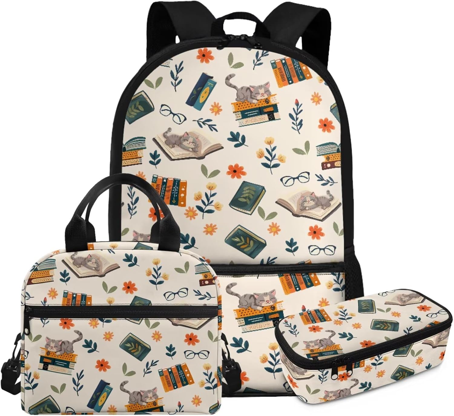 Glorowreny Cat Backpack for School Set of 3 Kawaii Sunflower Girls Bookbag Ages 6-8 with Lunch Box Portable Practical Insulated Lunch Bag Kids Girls Ideal for Daily Use - Image 23