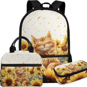 Glorowreny Cat Backpack for School Set of 3 Kawaii Sunflower Girls Bookbag Ages 6-8 with Lunch Box Portable Practical Insulated Lunch Bag Kids Girls Ideal for Daily Use