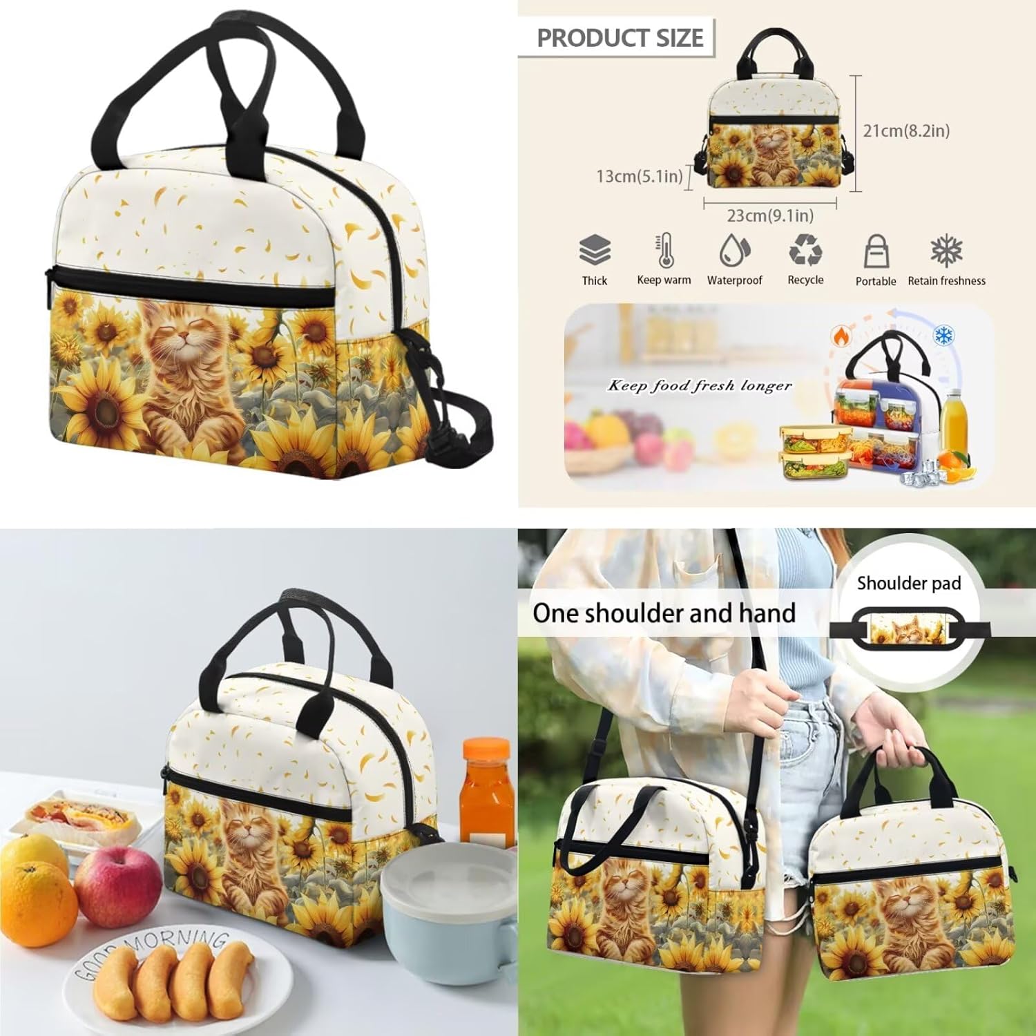 Glorowreny Cat Backpack for School Set of 3 Kawaii Sunflower Girls Bookbag Ages 6-8 with Lunch Box Portable Practical Insulated Lunch Bag Kids Girls Ideal for Daily Use - Image 3