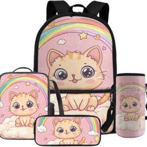Glorowreny Cat Preppy Backpack for School Pink Rainbow Kids Lunch Bags for Girls Personalized Pink Water Bottle Sleeve with Strap Kawaii Animal Pattern Pencil Case School Set 4 in 1