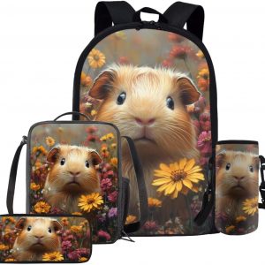 Glorowreny Cavy Girls Backpack with Lunch Box 8-10 Kawaii Animal Cute Bookbag for Teen Girls Preppy Set of 4 17 Inch Daisy Floral Lunchbag with Shoulder Strap Kids for Camping