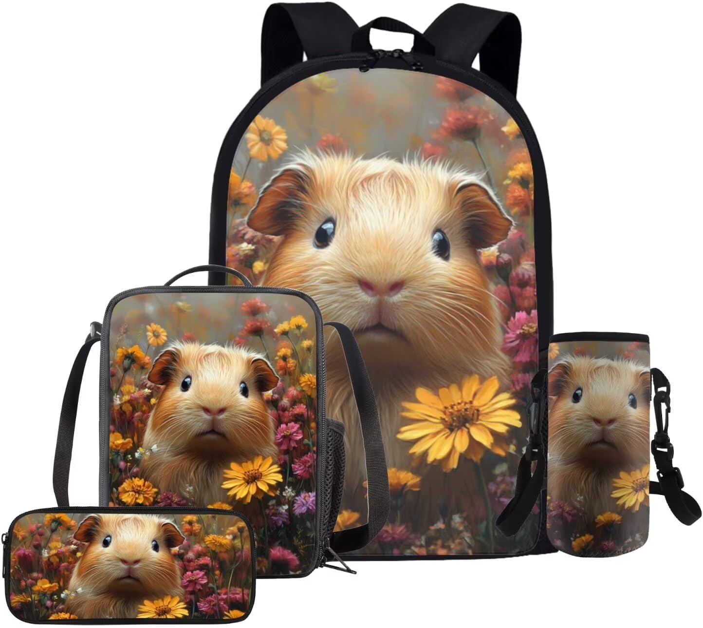 Glorowreny Cavy Girls Backpack with Lunch Box 8-10 Kawaii Animal Cute Bookbag for Teen Girls Preppy Set of 4 17 Inch Daisy Floral Lunchbag with Shoulder Strap Kids for Camping