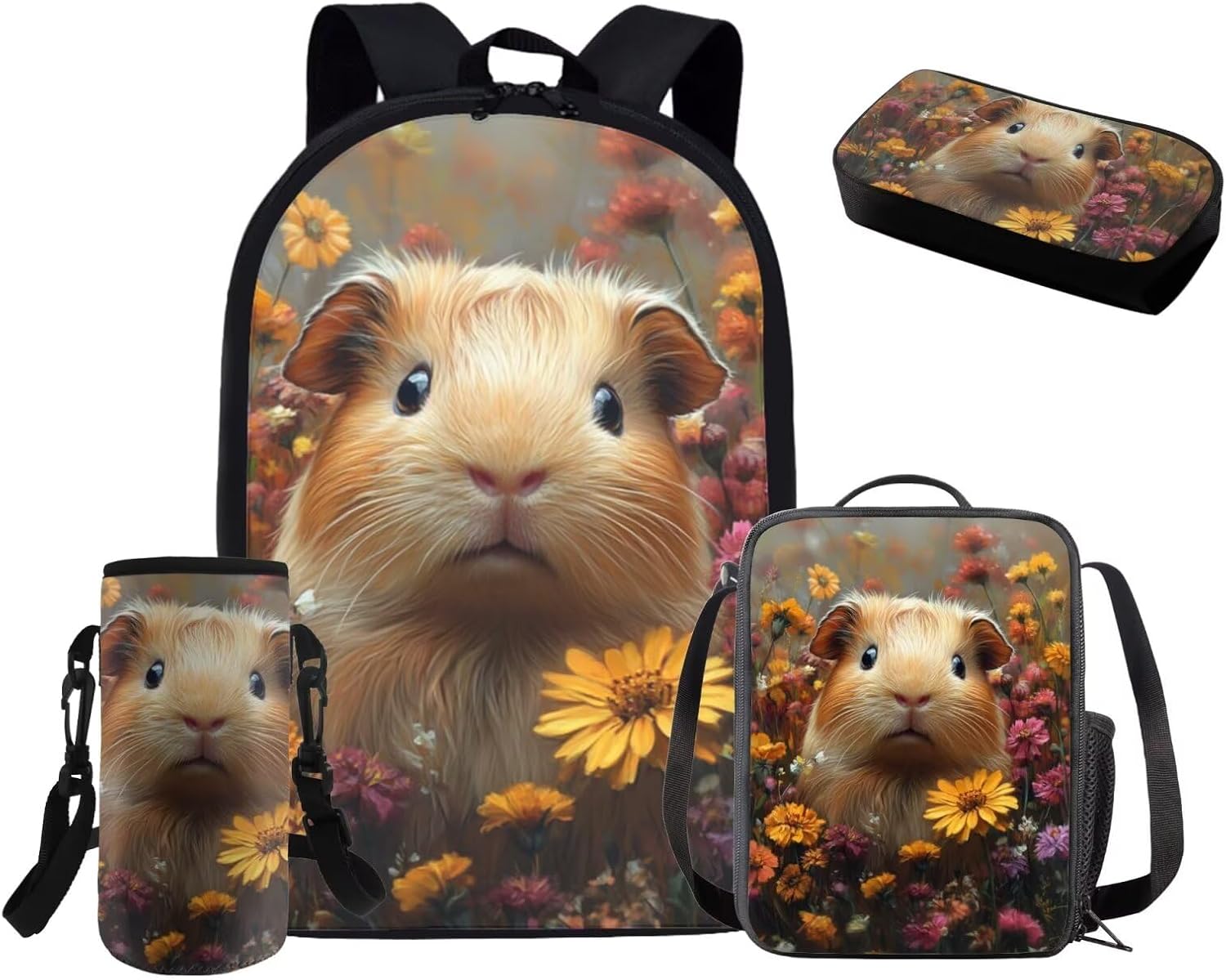 Glorowreny Cavy Girls Backpack with Lunch Box 8-10 Kawaii Animal Cute Bookbag for Teen Girls Preppy Set of 4 17 Inch Daisy Floral Lunchbag with Shoulder Strap Kids for Camping - Image 3