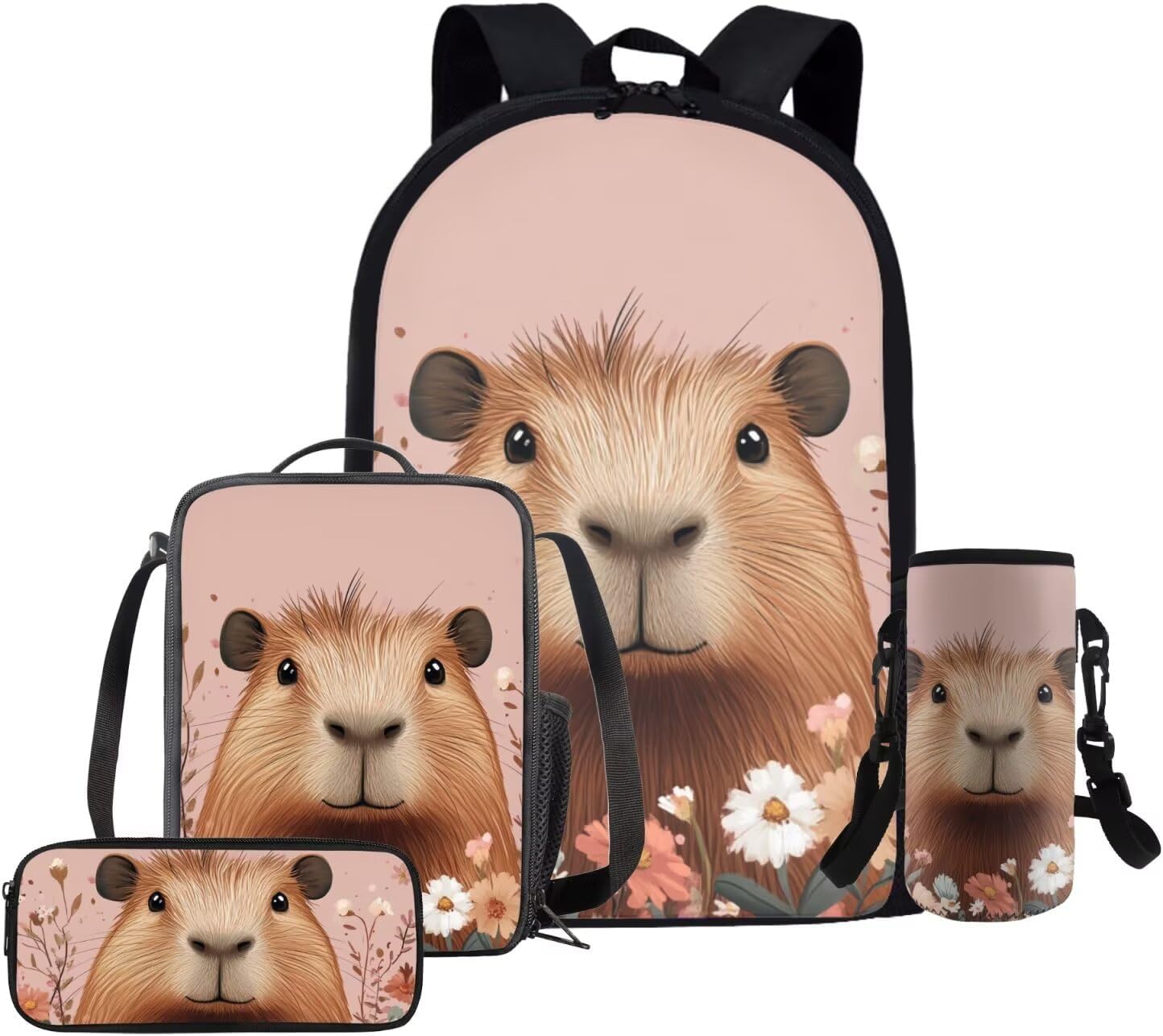 Glorowreny Cavy Girls Backpack with Lunch Box 8-10 Kawaii Animal Cute Bookbag for Teen Girls Preppy Set of 4 17 Inch Daisy Floral Lunchbag with Shoulder Strap Kids for Camping - Image 28