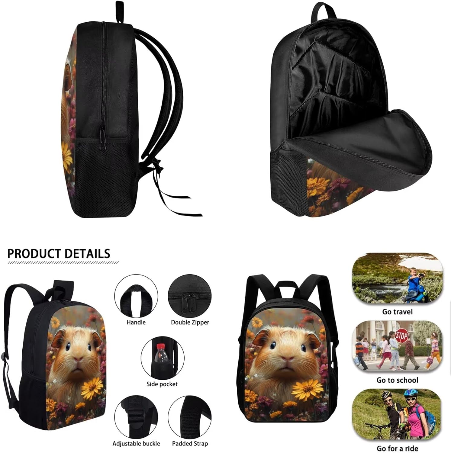 Glorowreny Cavy Girls Backpack with Lunch Box 8-10 Kawaii Animal Cute Bookbag for Teen Girls Preppy Set of 4 17 Inch Daisy Floral Lunchbag with Shoulder Strap Kids for Camping - Image 6