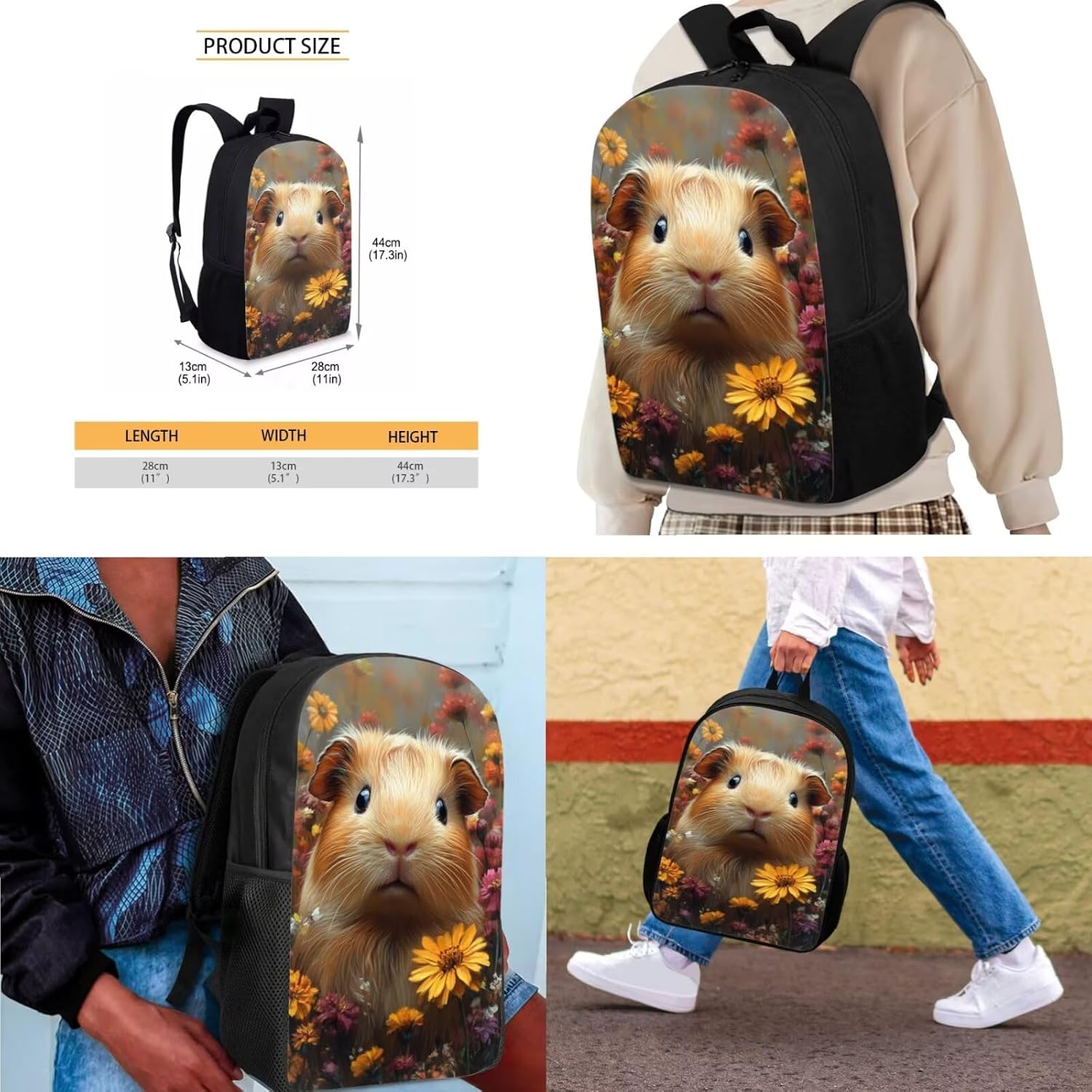 Glorowreny Cavy Girls Backpack with Lunch Box 8-10 Kawaii Animal Cute Bookbag for Teen Girls Preppy Set of 4 17 Inch Daisy Floral Lunchbag with Shoulder Strap Kids for Camping - Image 7