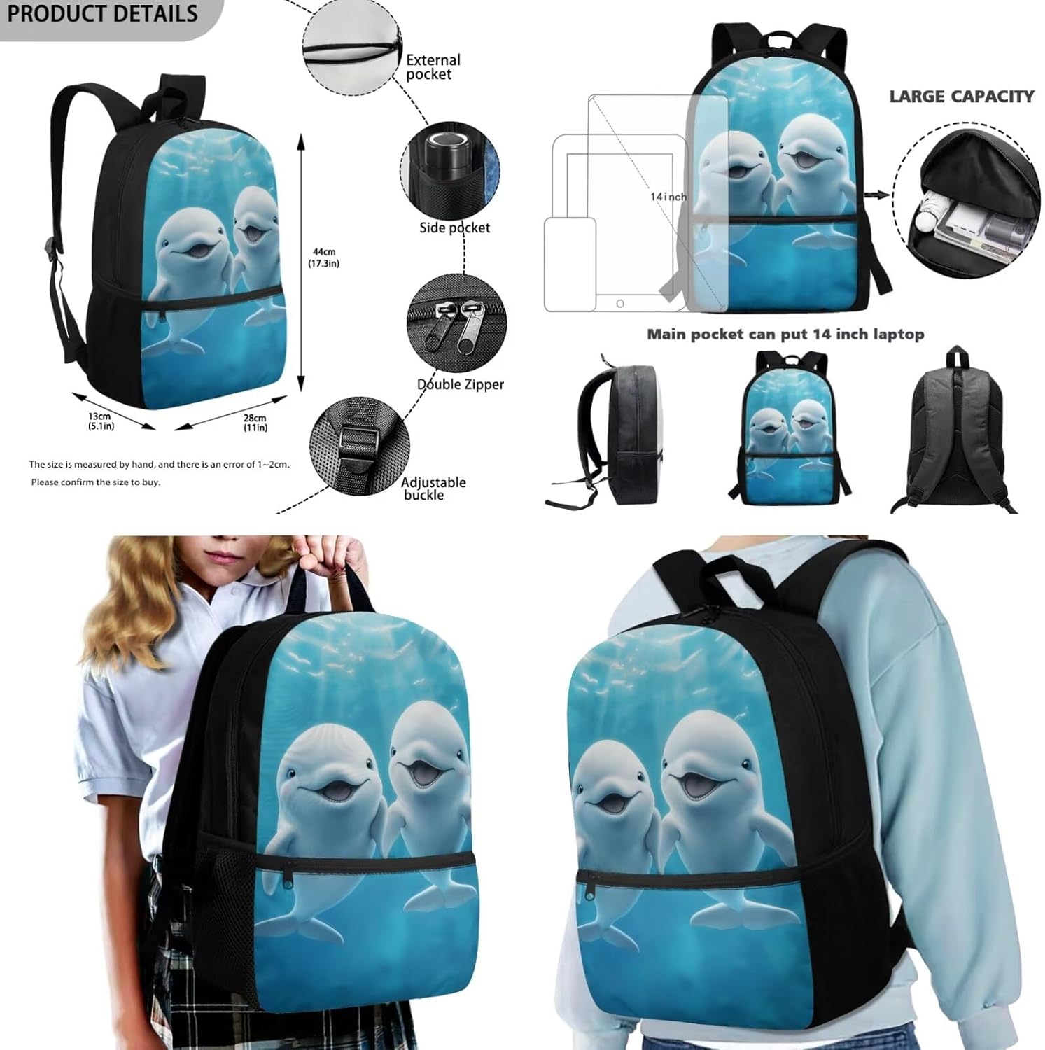 Glorowreny Dolphin Backpack for Boys with Lunch Box Blue Ocean Kids Lunchbag with Cup Holder Kawaii Kids Bookbag Boys 10-12 Lightweight Lunchbag with Strap School Set 4 in 1 - Image 5