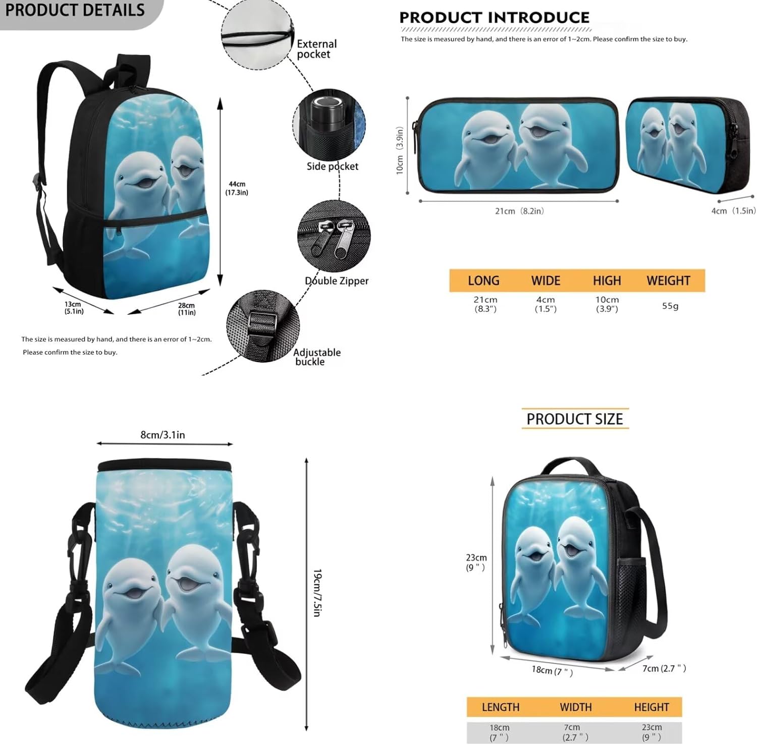 Glorowreny Dolphin Backpack for Boys with Lunch Box Blue Ocean Kids Lunchbag with Cup Holder Kawaii Kids Bookbag Boys 10-12 Lightweight Lunchbag with Strap School Set 4 in 1 - Image 6