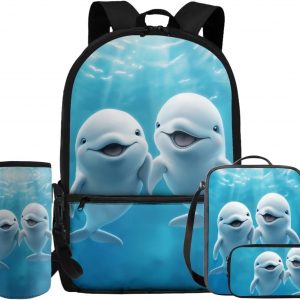Glorowreny Dolphin Backpack for Boys with Lunch Box Blue Ocean Kids Lunchbag with Cup Holder Kawaii Kids Bookbag Boys 10-12 Lightweight Lunchbag with Strap School Set 4 in 1