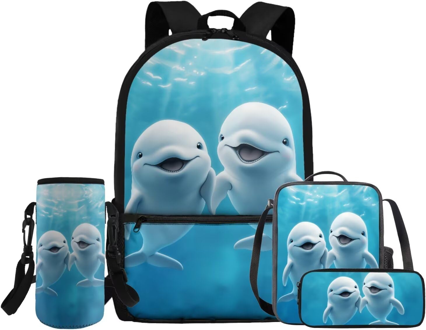 Glorowreny Dolphin Backpack for Boys with Lunch Box Blue Ocean Kids Lunchbag with Cup Holder Kawaii Kids Bookbag Boys 10-12 Lightweight Lunchbag with Strap School Set 4 in 1