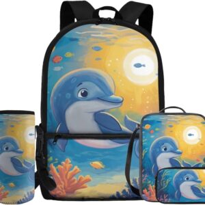 Glorowreny Dolphin Girls Backpack with Lunch Bag Kawaii Kids Lunch Bags for Girls Small Lightweight Water Bottle Sleeves with Strap Set of 4 Classic 17 Inch School Knapsack Book Bags for School