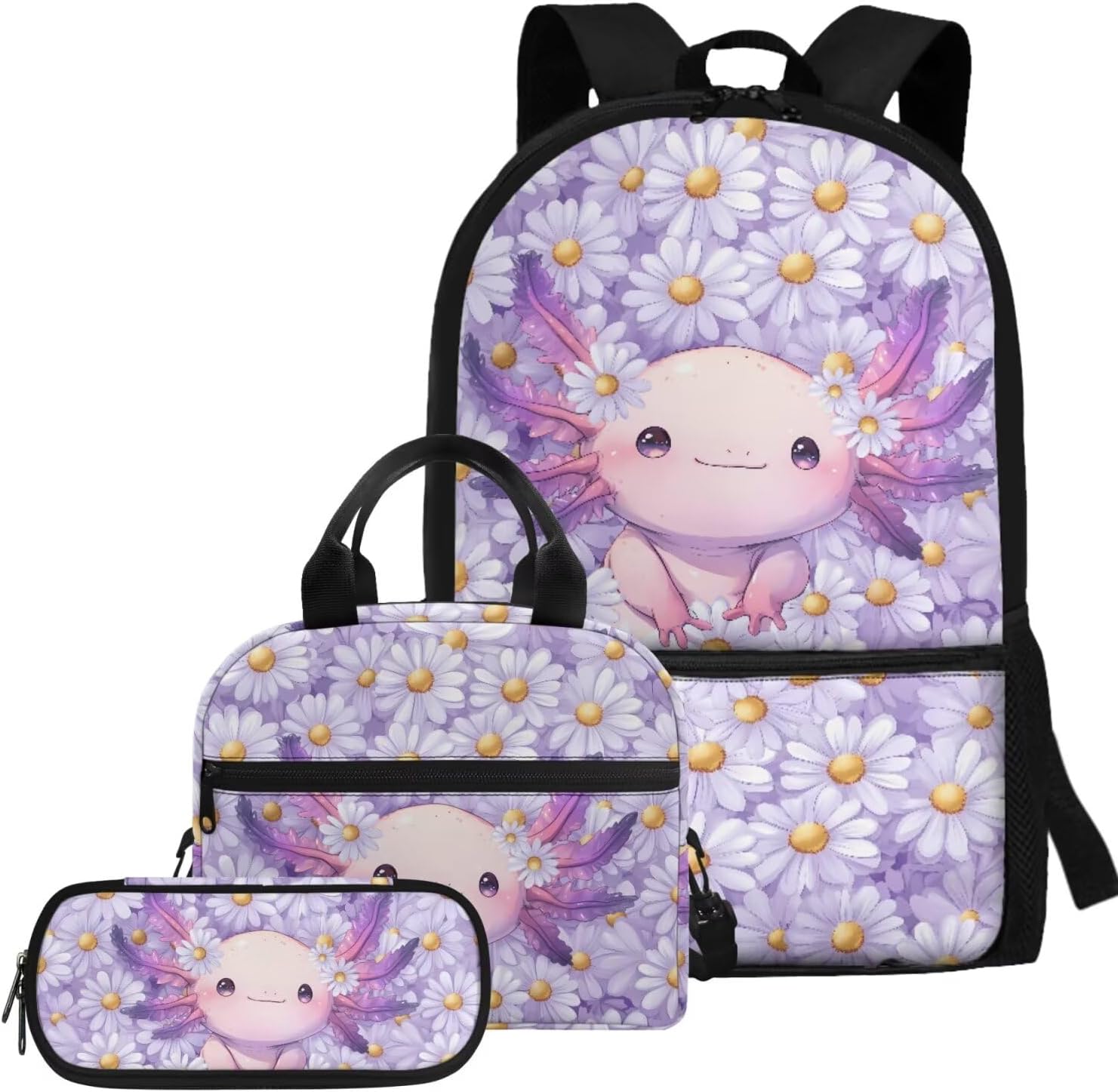Glorowreny Girls Axolotl Backpack with Lunch Box Blue Rose Bookbag for Girls Middle School Kawaii Animal Insulated Lunch Bag with Handle Casual Daycare Bags 3 in 1 - Image 8