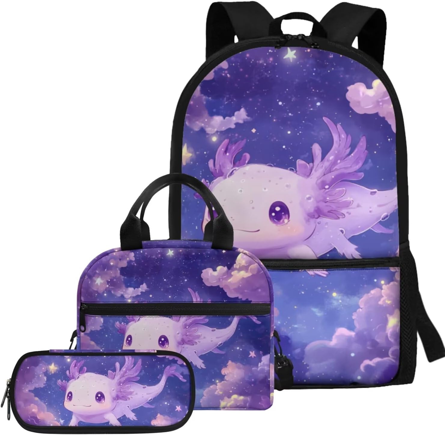 Glorowreny Girls Axolotl Backpack with Lunch Box Blue Rose Bookbag for Girls Middle School Kawaii Animal Insulated Lunch Bag with Handle Casual Daycare Bags 3 in 1 - Image 18