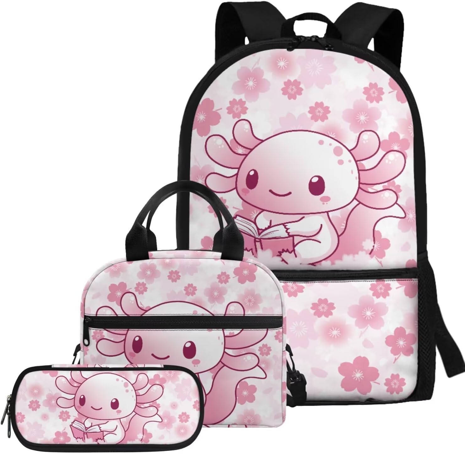 Glorowreny Girls Axolotl Backpack with Lunch Box Blue Rose Bookbag for Girls Middle School Kawaii Animal Insulated Lunch Bag with Handle Casual Daycare Bags 3 in 1 - Image 21