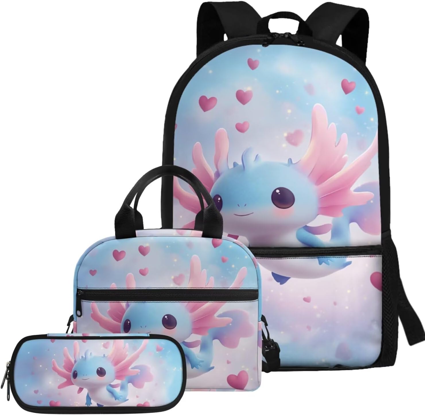 Glorowreny Girls Axolotl Backpack with Lunch Box Blue Rose Bookbag for Girls Middle School Kawaii Animal Insulated Lunch Bag with Handle Casual Daycare Bags 3 in 1 - Image 19
