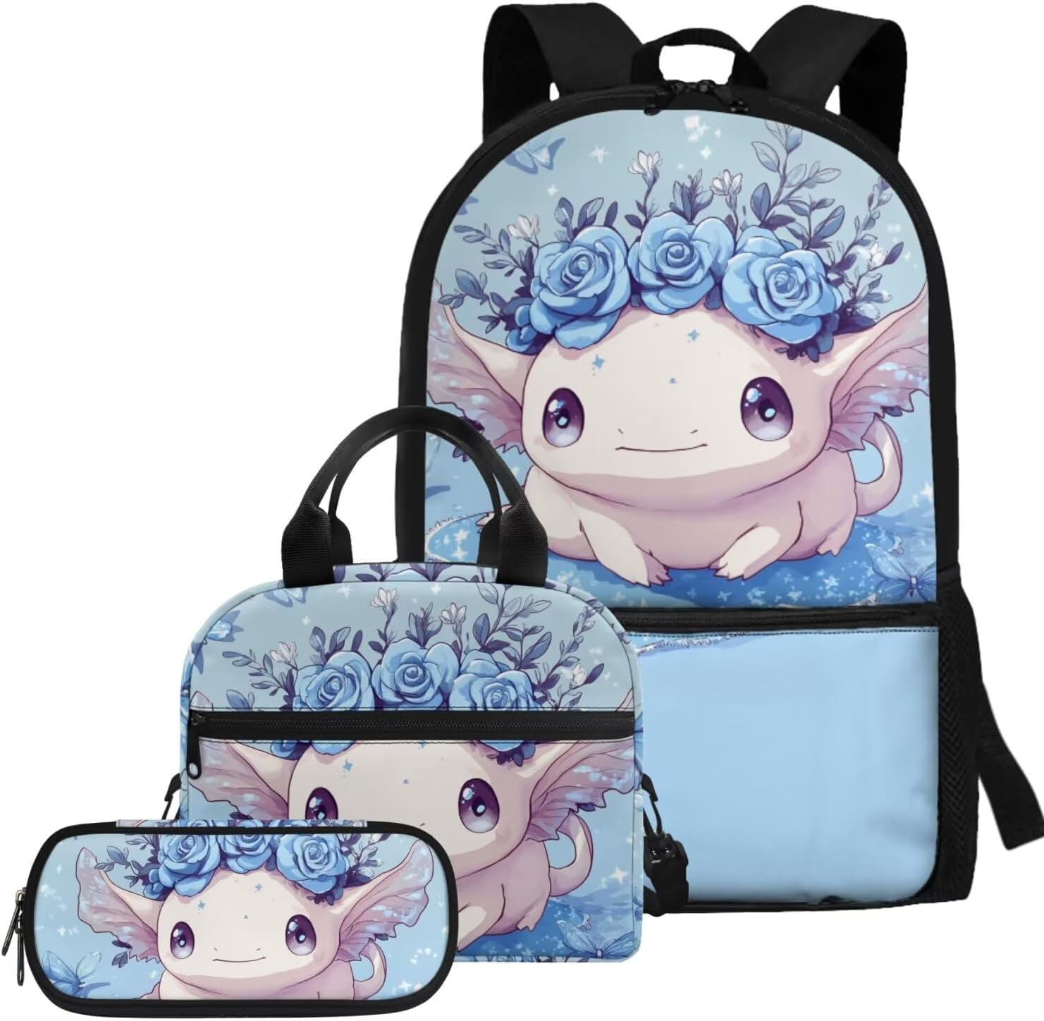 Glorowreny Girls Axolotl Backpack with Lunch Box Blue Rose Bookbag for Girls Middle School Kawaii Animal Insulated Lunch Bag with Handle Casual Daycare Bags 3 in 1 - Image 20