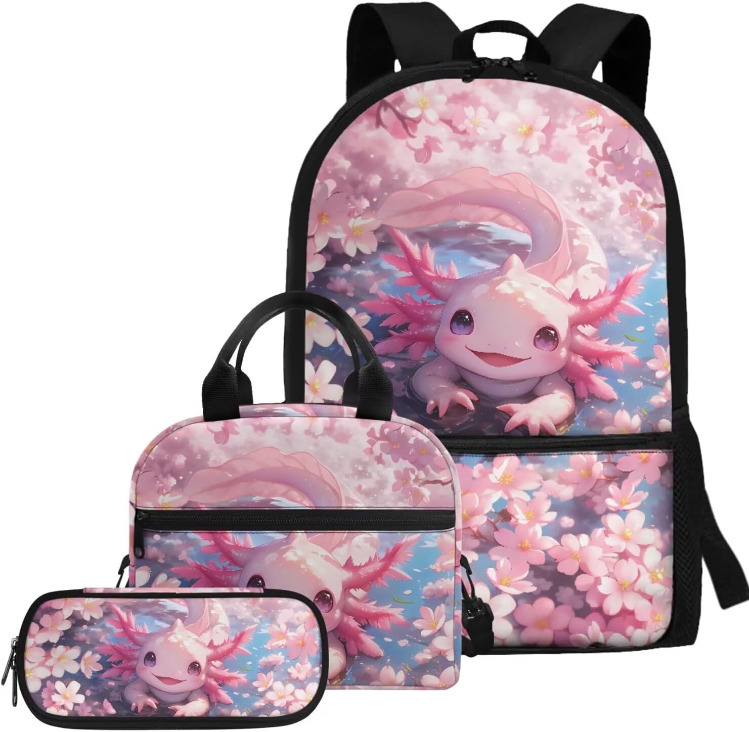Glorowreny Girls Axolotl Backpack with Lunch Box Blue Rose Bookbag for Girls Middle School Kawaii Animal Insulated Lunch Bag with Handle Casual Daycare Bags 3 in 1 - Image 15