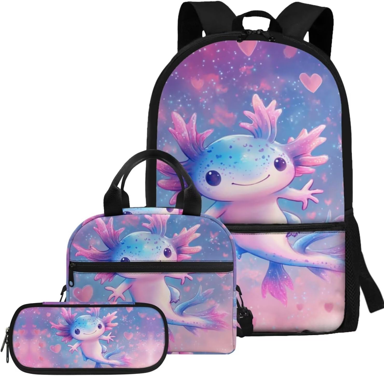 Glorowreny Girls Axolotl Backpack with Lunch Box Blue Rose Bookbag for Girls Middle School Kawaii Animal Insulated Lunch Bag with Handle Casual Daycare Bags 3 in 1 - Image 12