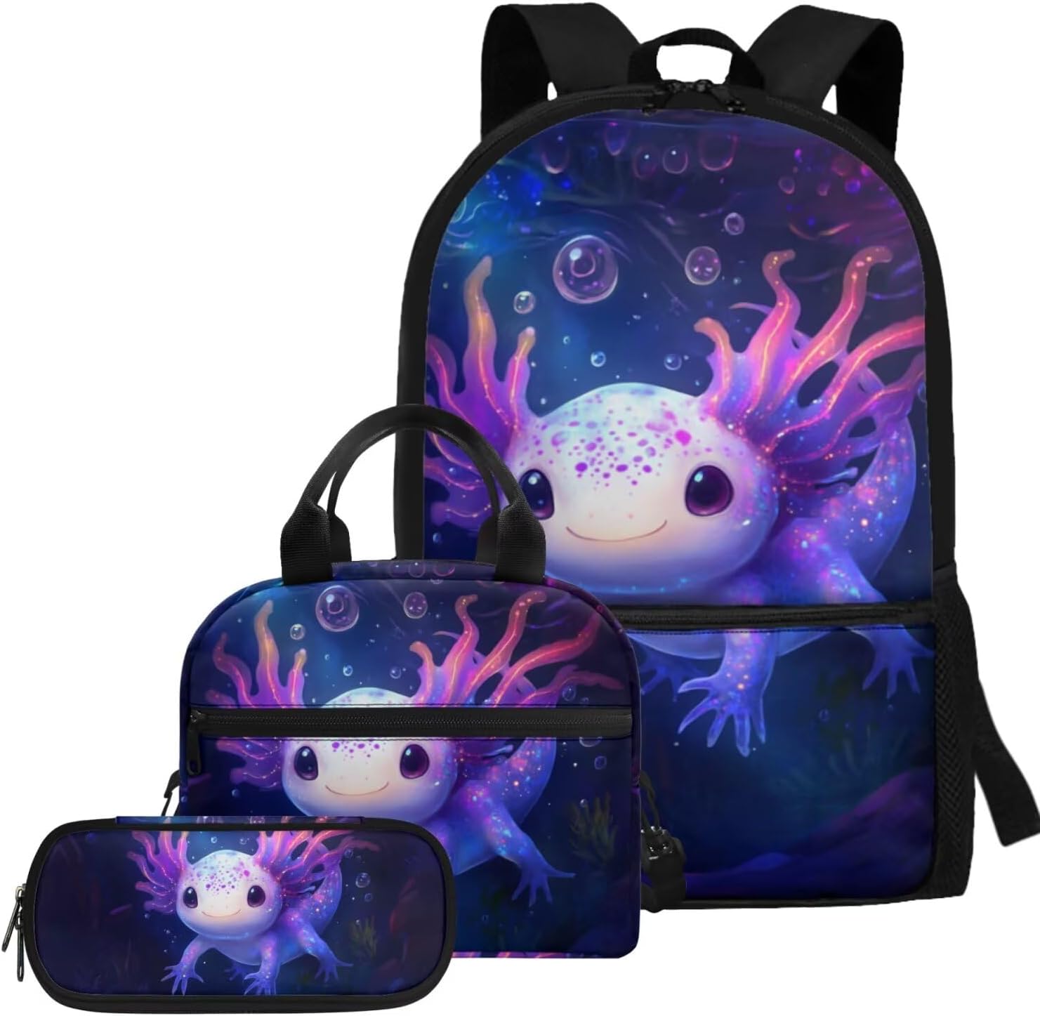 Glorowreny Girls Axolotl Backpack with Lunch Box Blue Rose Bookbag for Girls Middle School Kawaii Animal Insulated Lunch Bag with Handle Casual Daycare Bags 3 in 1 - Image 13