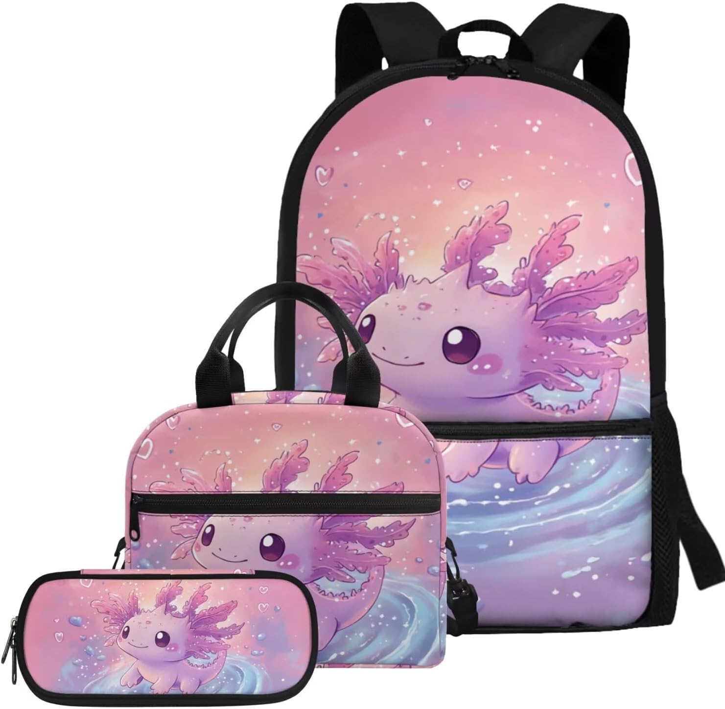 Glorowreny Girls Axolotl Backpack with Lunch Box Blue Rose Bookbag for Girls Middle School Kawaii Animal Insulated Lunch Bag with Handle Casual Daycare Bags 3 in 1 - Image 16