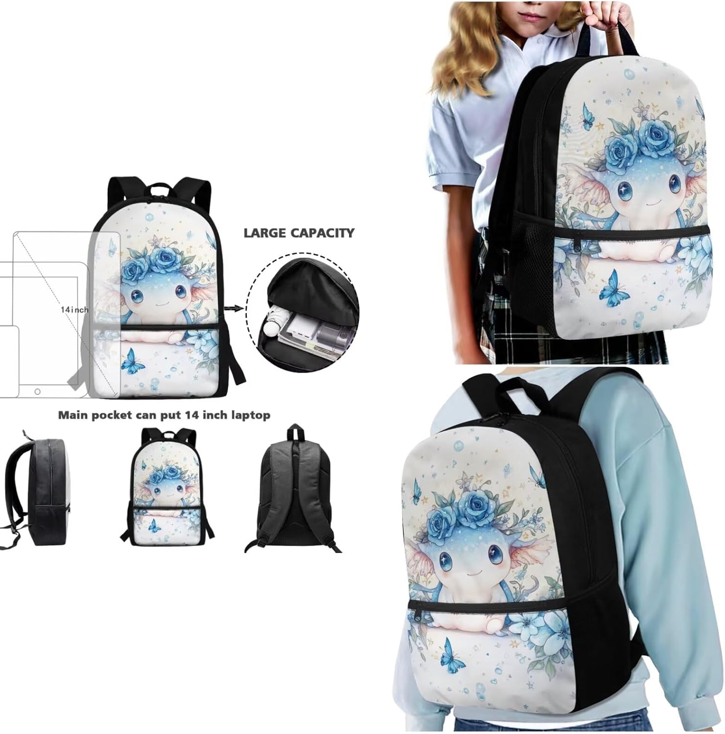 Glorowreny Girls Axolotl Backpack with Lunch Box Blue Rose Bookbag for Girls Middle School Kawaii Animal Insulated Lunch Bag with Handle Casual Daycare Bags 3 in 1 - Image 3