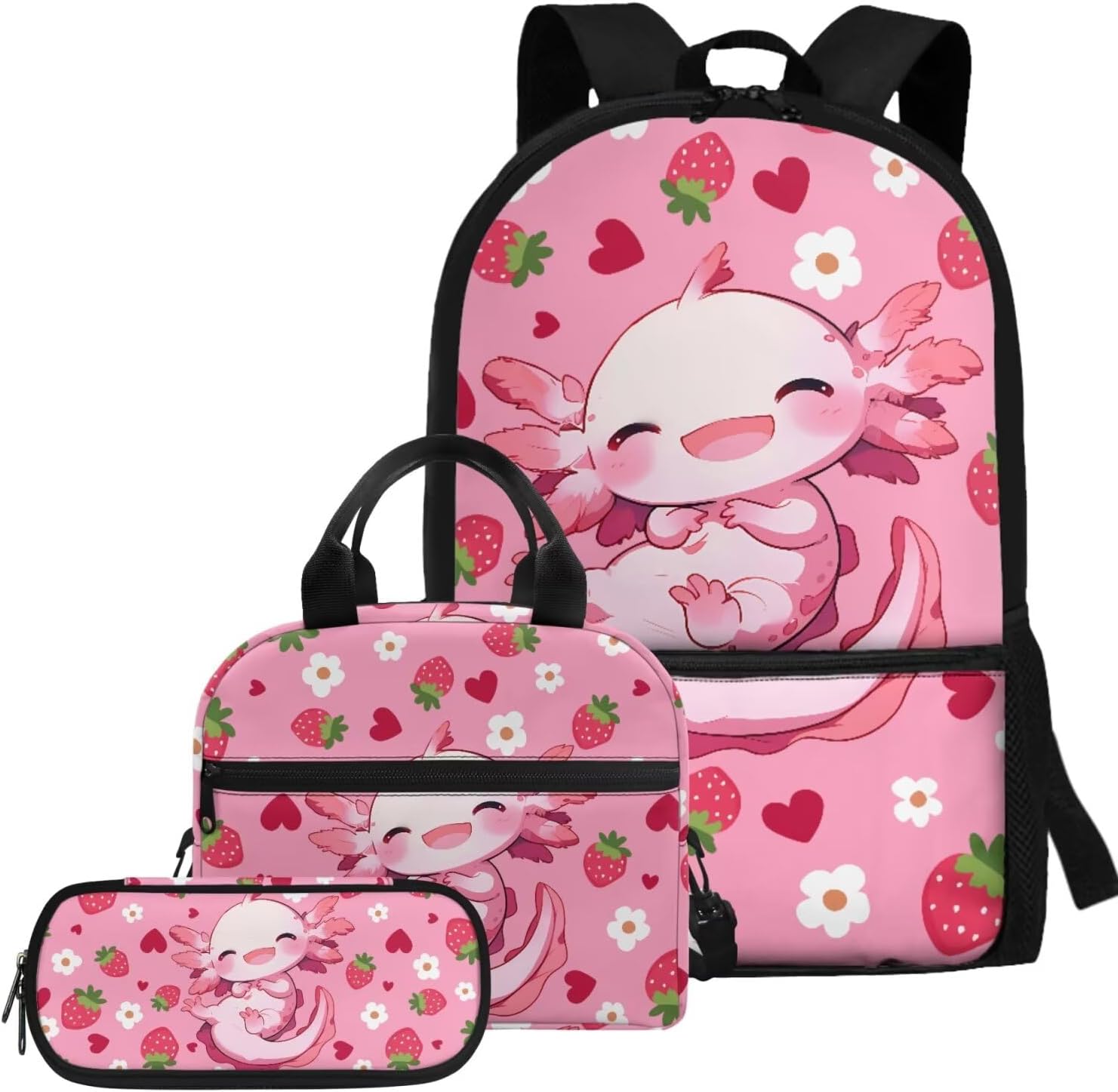 Glorowreny Girls Axolotl Backpack with Lunch Box Blue Rose Bookbag for Girls Middle School Kawaii Animal Insulated Lunch Bag with Handle Casual Daycare Bags 3 in 1 - Image 24