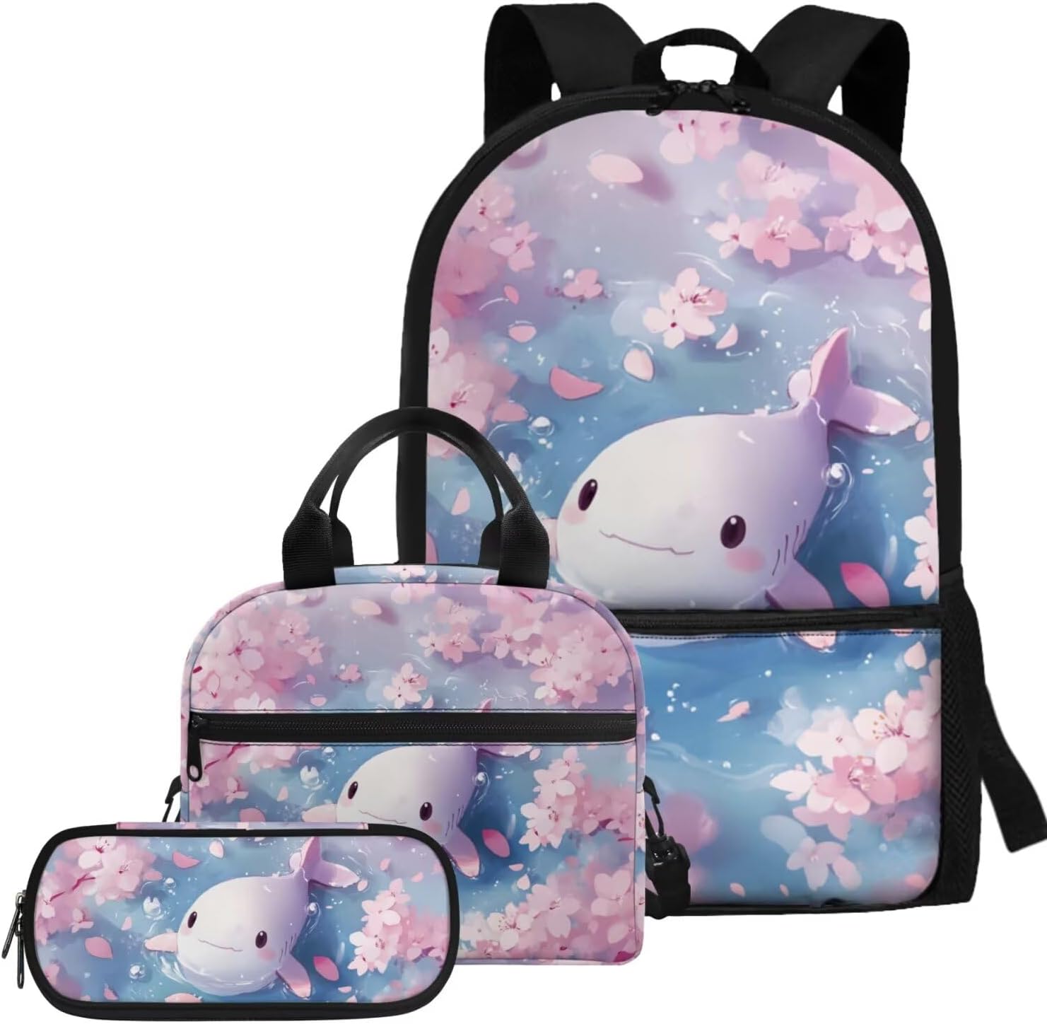 Glorowreny Girls Axolotl Backpack with Lunch Box Blue Rose Bookbag for Girls Middle School Kawaii Animal Insulated Lunch Bag with Handle Casual Daycare Bags 3 in 1 - Image 27