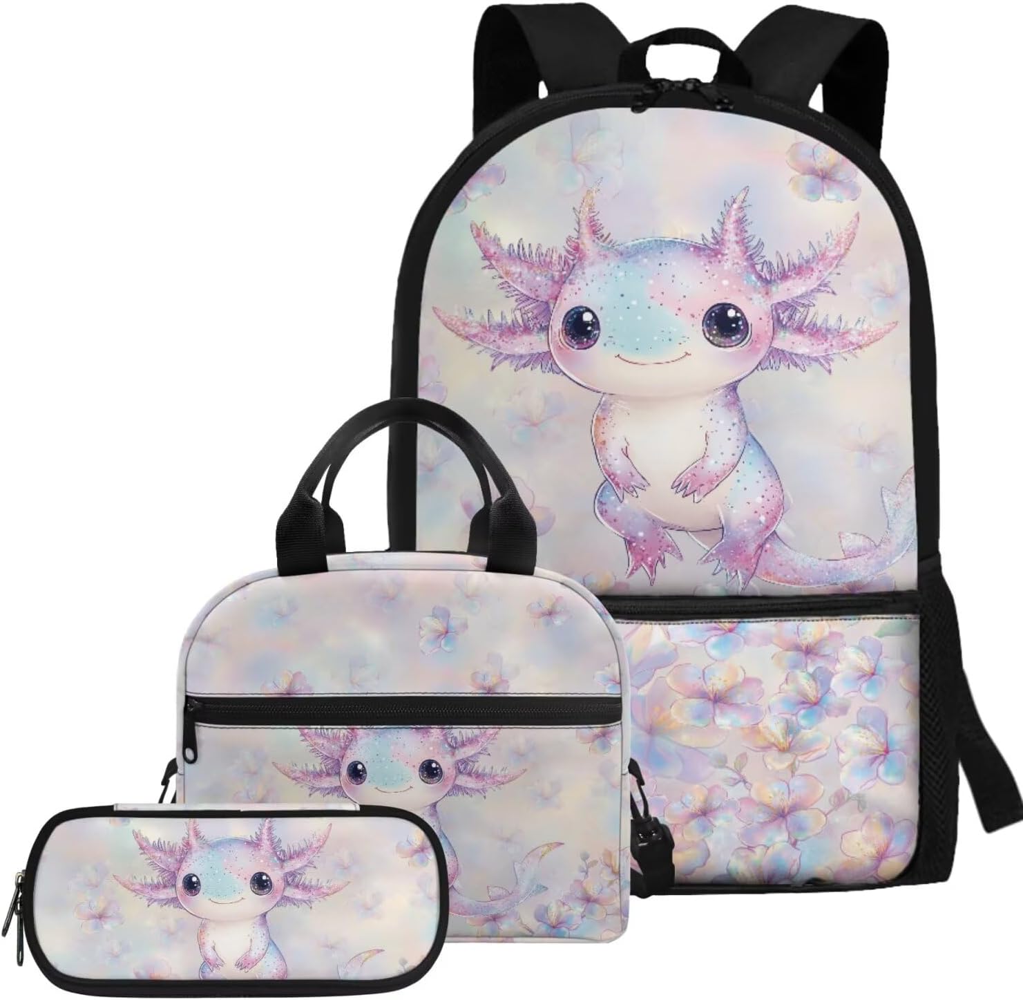 Glorowreny Girls Axolotl Backpack with Lunch Box Blue Rose Bookbag for Girls Middle School Kawaii Animal Insulated Lunch Bag with Handle Casual Daycare Bags 3 in 1 - Image 10