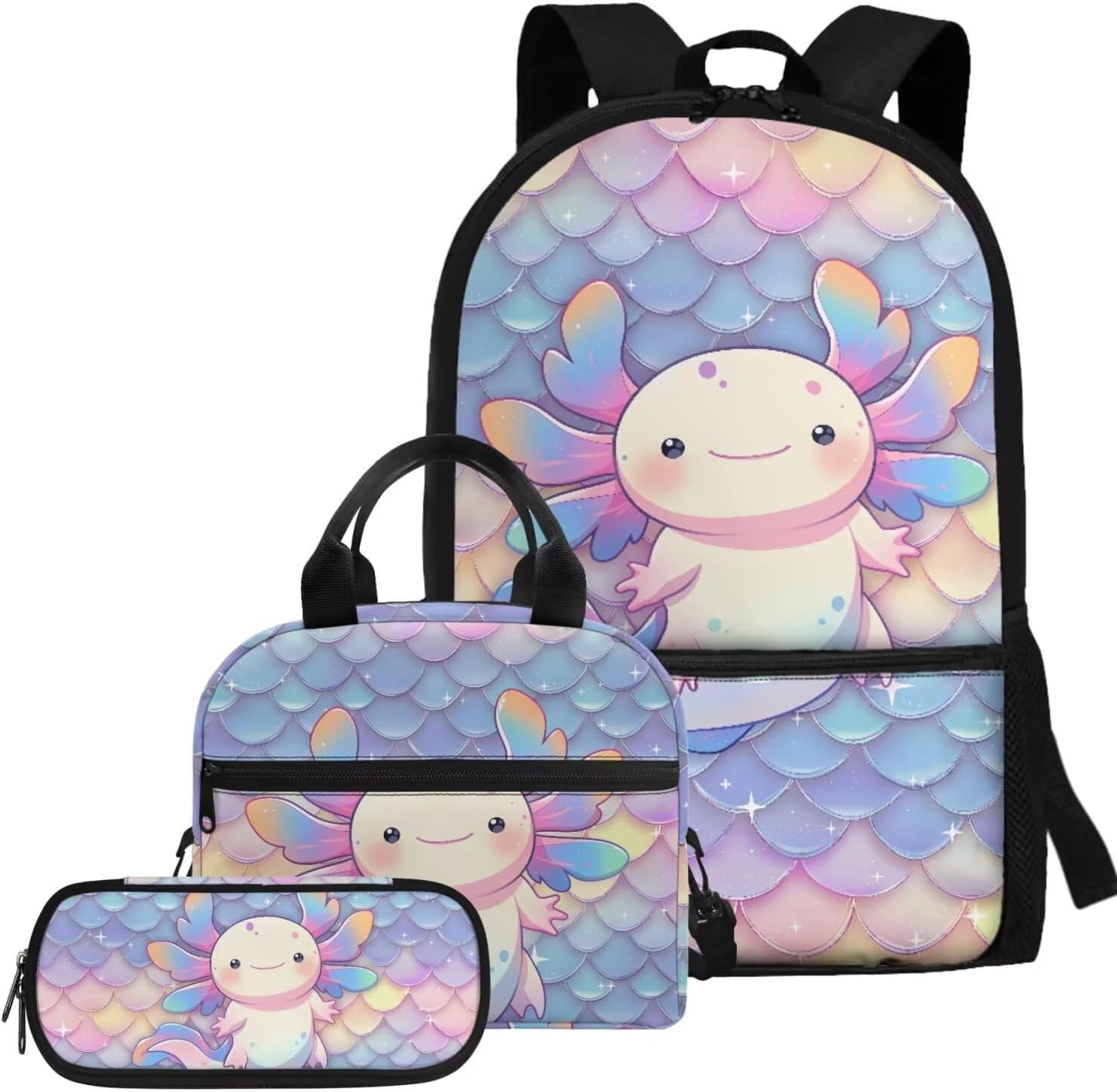 Glorowreny Girls Axolotl Backpack with Lunch Box Blue Rose Bookbag for Girls Middle School Kawaii Animal Insulated Lunch Bag with Handle Casual Daycare Bags 3 in 1 - Image 22