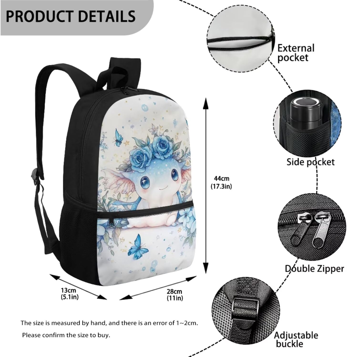 Glorowreny Girls Axolotl Backpack with Lunch Box Blue Rose Bookbag for Girls Middle School Kawaii Animal Insulated Lunch Bag with Handle Casual Daycare Bags 3 in 1 - Image 2