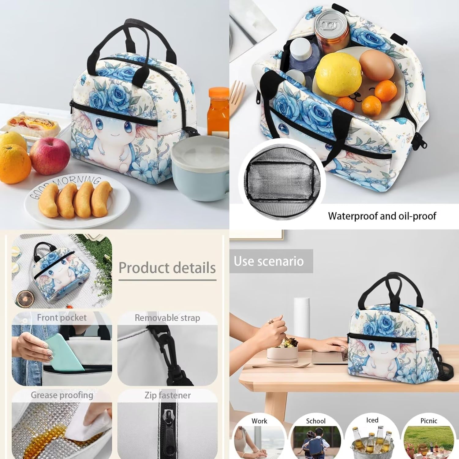 Glorowreny Girls Axolotl Backpack with Lunch Box Blue Rose Bookbag for Girls Middle School Kawaii Animal Insulated Lunch Bag with Handle Casual Daycare Bags 3 in 1 - Image 4