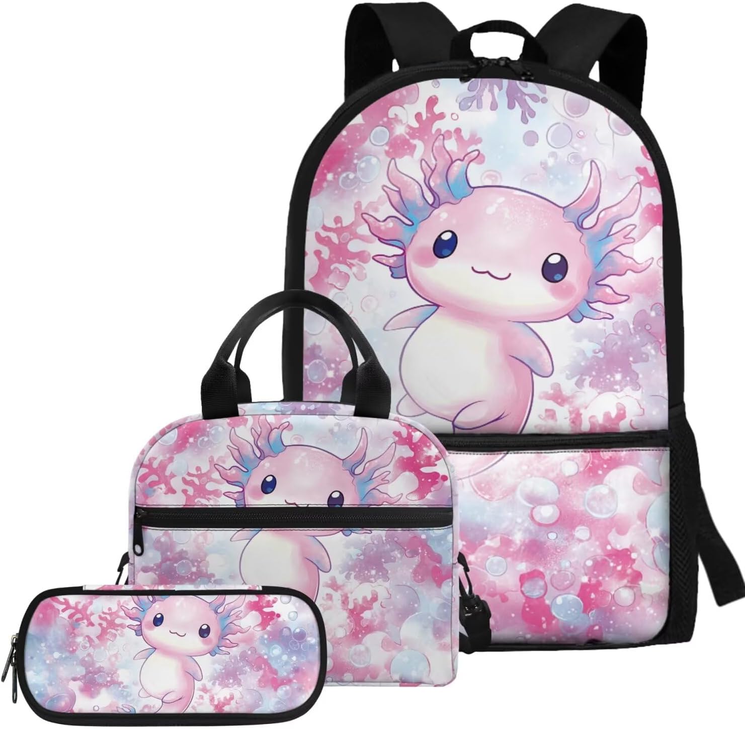 Glorowreny Girls Axolotl Backpack with Lunch Box Blue Rose Bookbag for Girls Middle School Kawaii Animal Insulated Lunch Bag with Handle Casual Daycare Bags 3 in 1 - Image 17