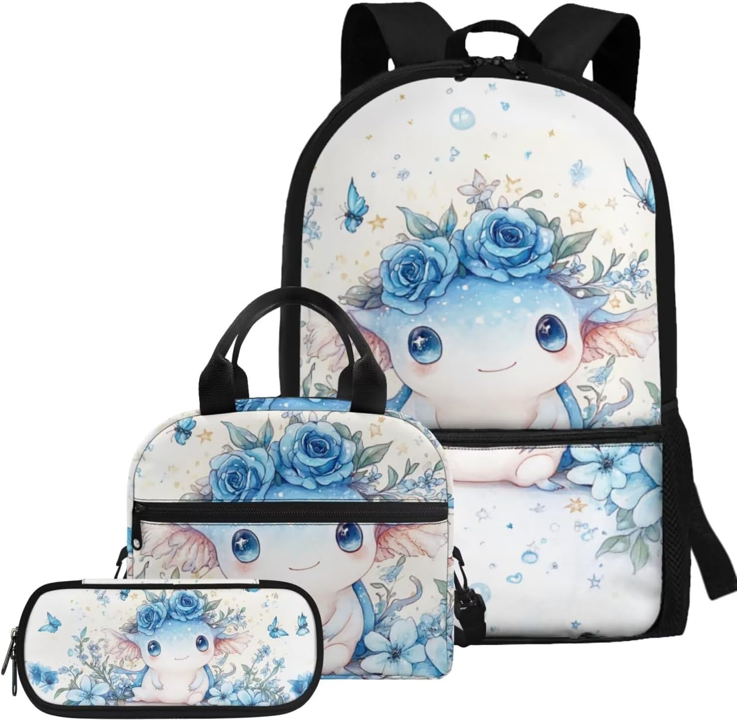 Glorowreny Girls Axolotl Backpack with Lunch Box Blue Rose Bookbag for Girls Middle School Kawaii Animal Insulated Lunch Bag with Handle Casual Daycare Bags 3 in 1