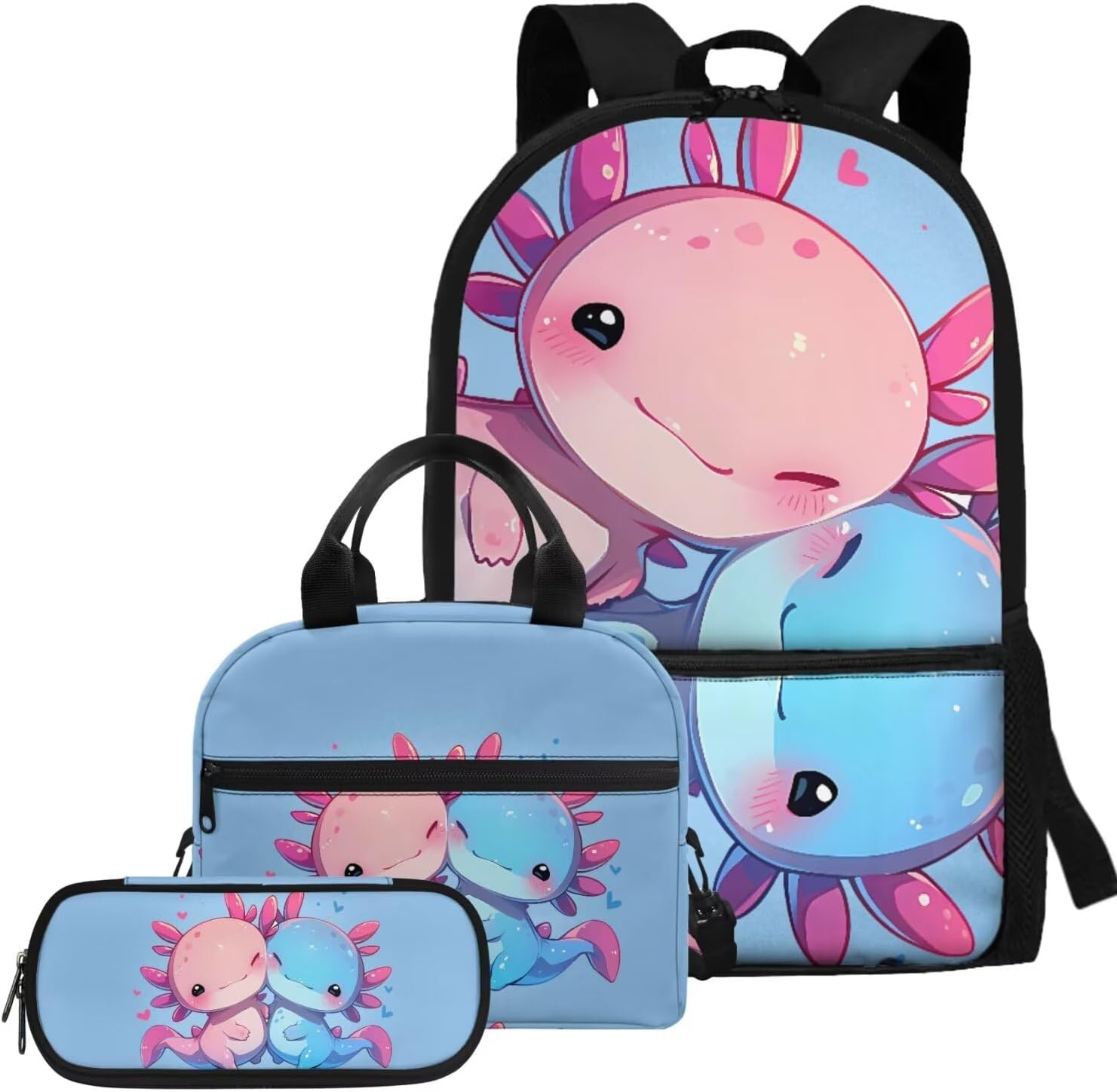 Glorowreny Girls Axolotl Backpack with Lunch Box Blue Rose Bookbag for Girls Middle School Kawaii Animal Insulated Lunch Bag with Handle Casual Daycare Bags 3 in 1 - Image 25