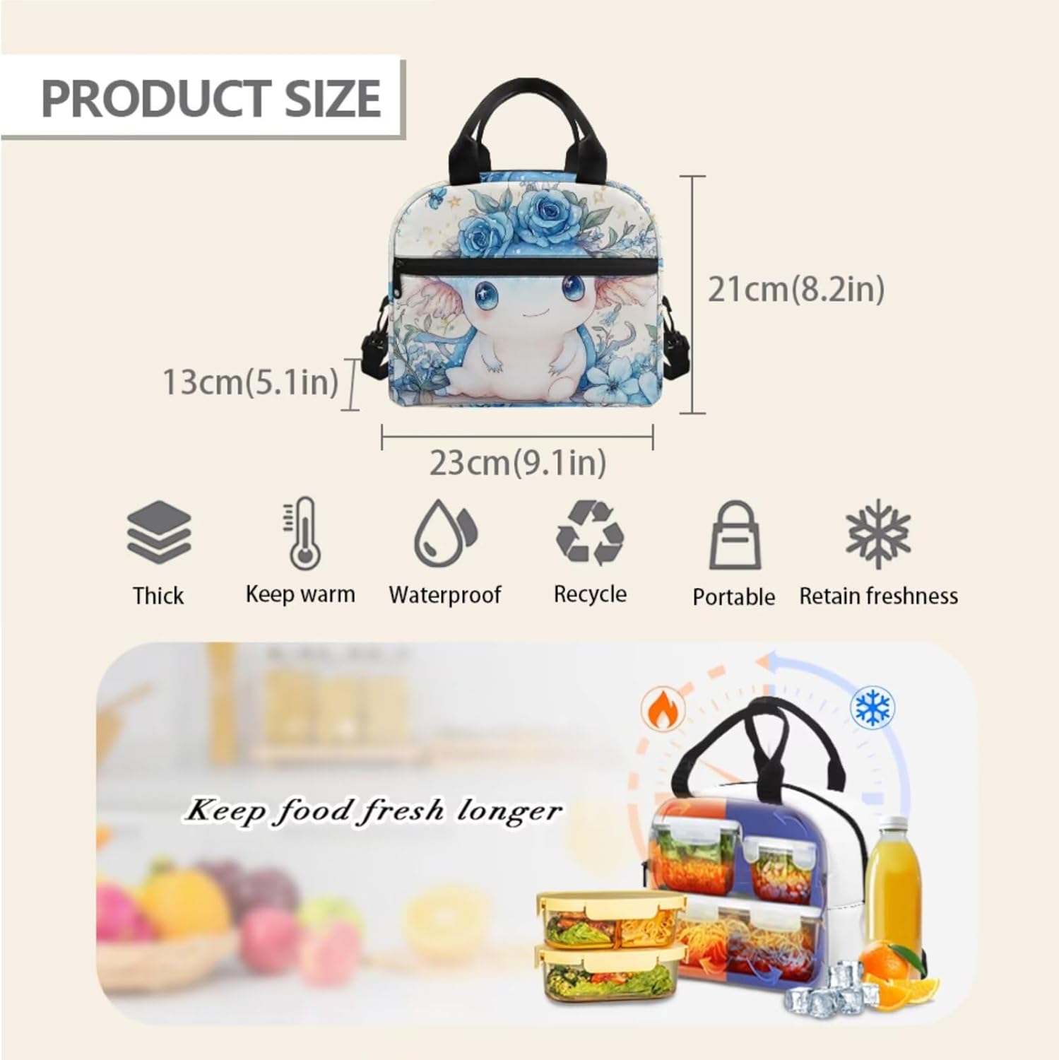 Glorowreny Girls Axolotl Backpack with Lunch Box Blue Rose Bookbag for Girls Middle School Kawaii Animal Insulated Lunch Bag with Handle Casual Daycare Bags 3 in 1 - Image 5