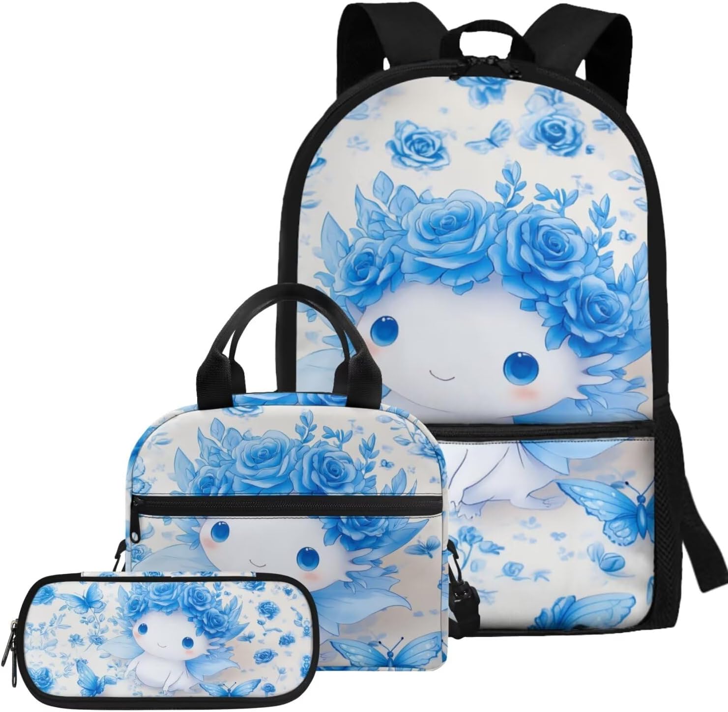 Glorowreny Girls Axolotl Backpack with Lunch Box Blue Rose Bookbag for Girls Middle School Kawaii Animal Insulated Lunch Bag with Handle Casual Daycare Bags 3 in 1 - Image 11