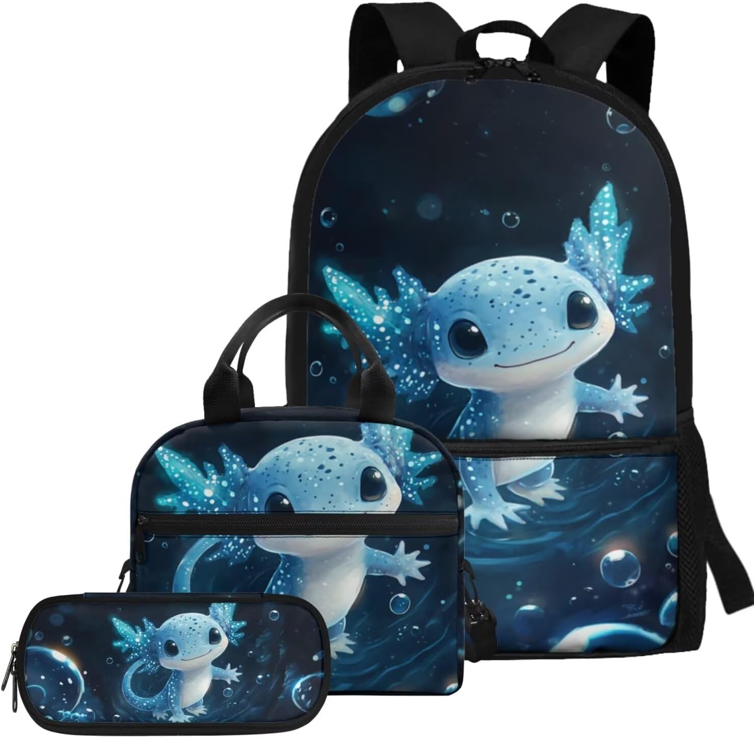 Glorowreny Girls Axolotl Backpack with Lunch Box Blue Rose Bookbag for Girls Middle School Kawaii Animal Insulated Lunch Bag with Handle Casual Daycare Bags 3 in 1 - Image 26