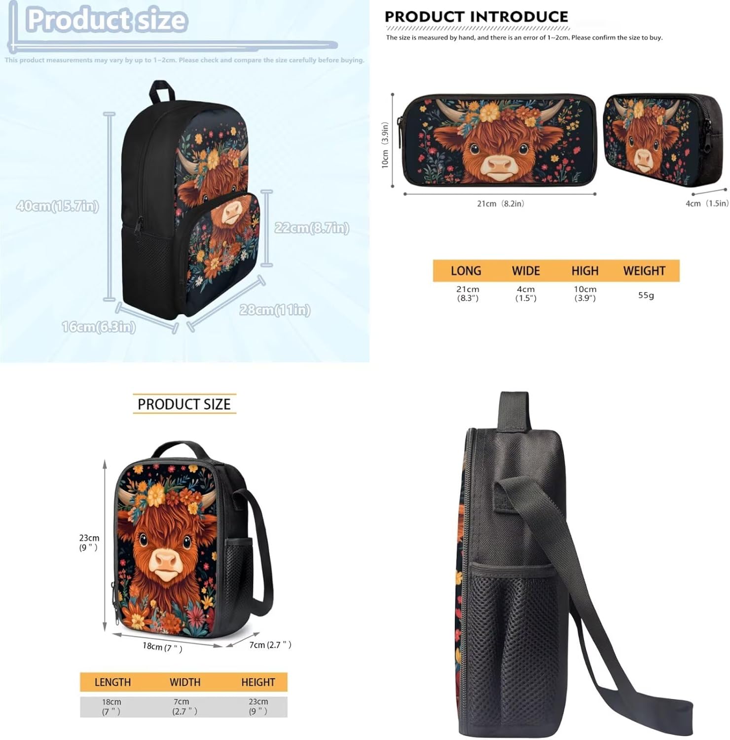 Glorowreny Highland Cow Girls Backpack with Lunch Box Kawaii 15 Inch Bookbag for Girls 7-8 Ages Lightweight School Lunch Bag for Kids 4 Piece Casual Daycare Bags - Image 7