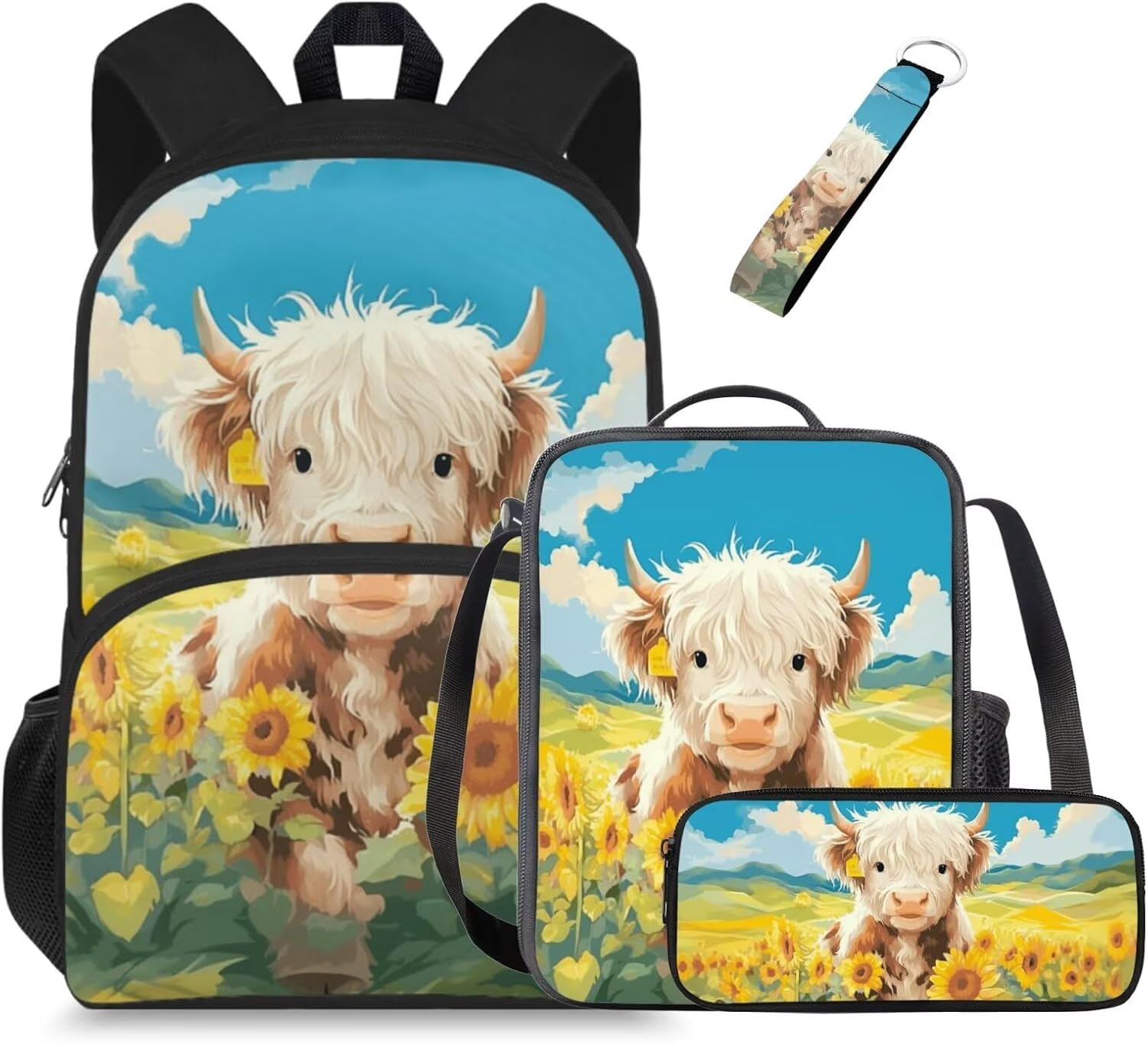 Glorowreny Highland Cow Girls Backpack with Lunch Box Kawaii 15 Inch Bookbag for Girls 7-8 Ages Lightweight School Lunch Bag for Kids 4 Piece Casual Daycare Bags - Image 9