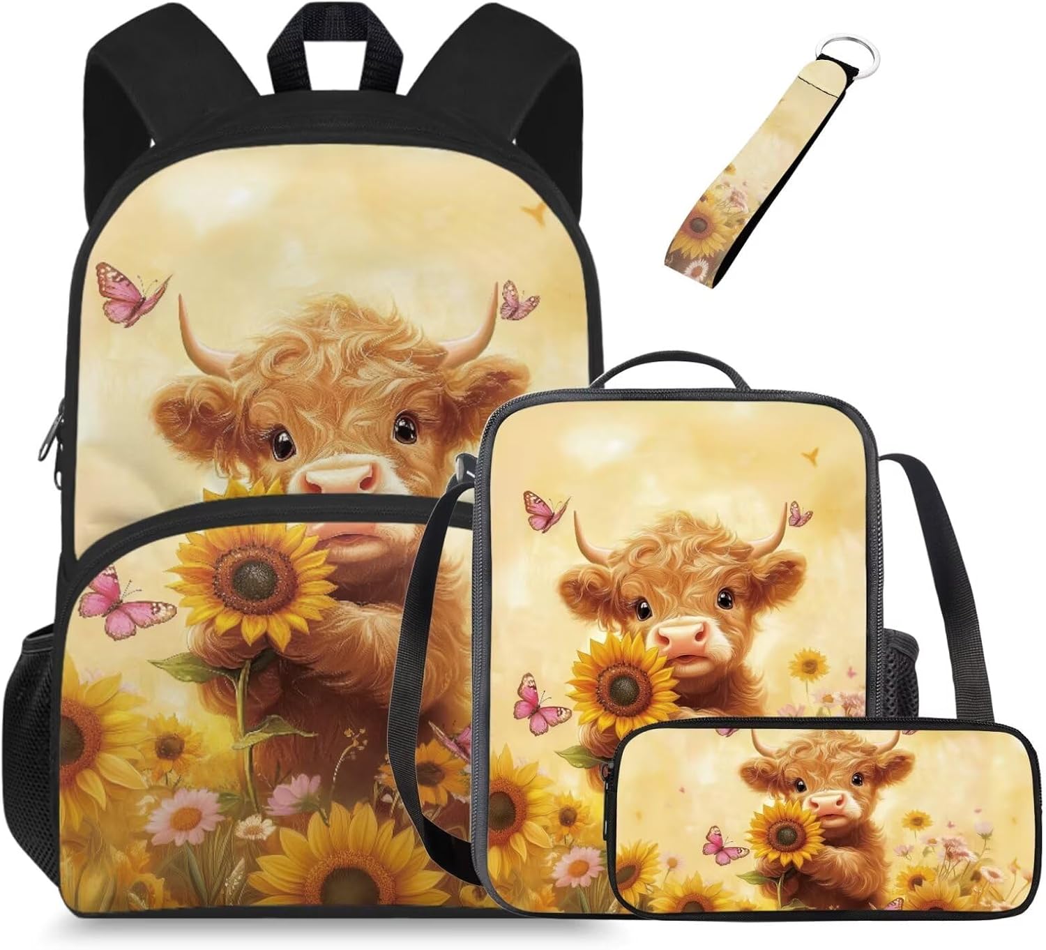 Glorowreny Highland Cow Girls Backpack with Lunch Box Kawaii 15 Inch Bookbag for Girls 7-8 Ages Lightweight School Lunch Bag for Kids 4 Piece Casual Daycare Bags - Image 11