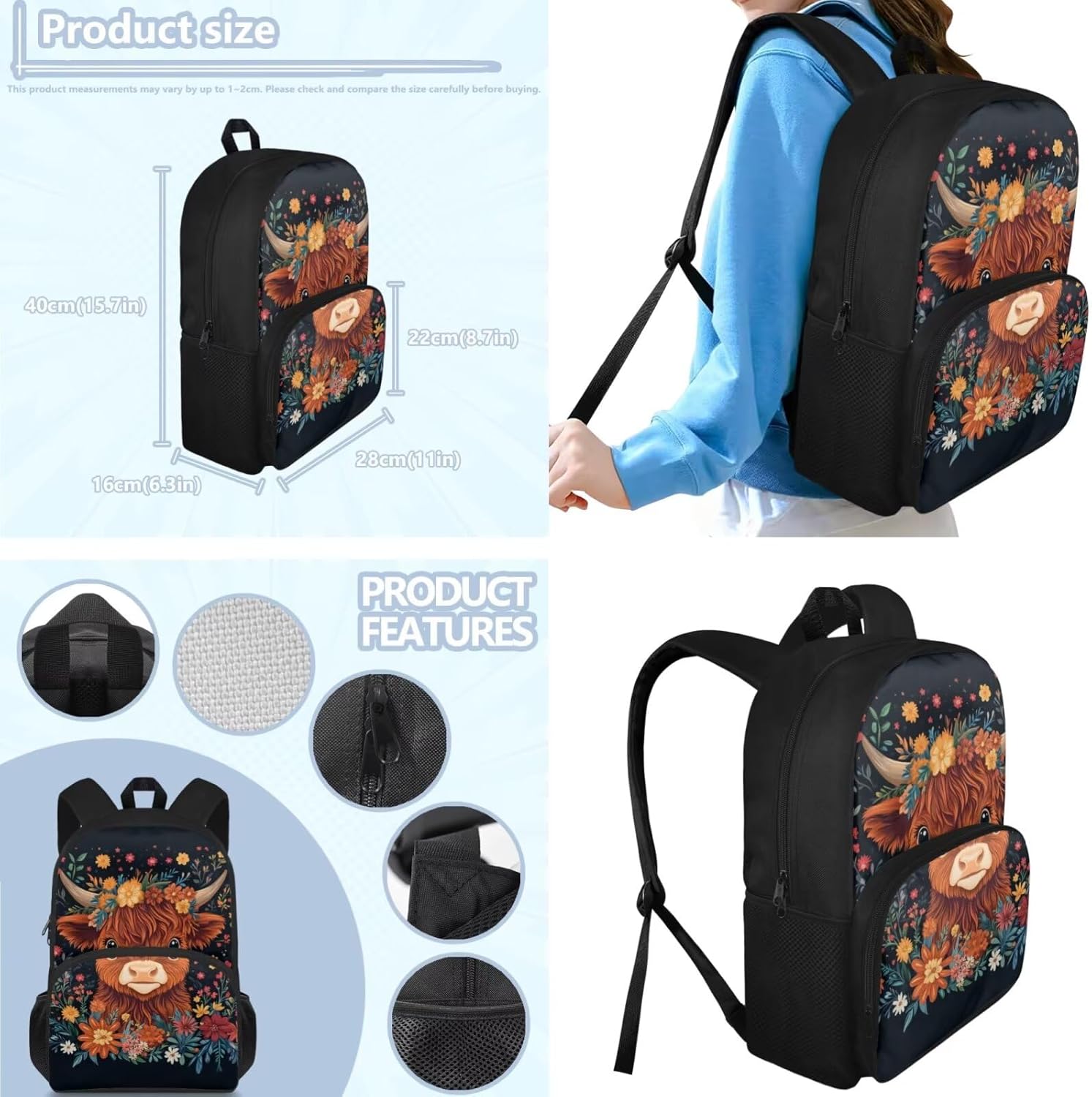 Glorowreny Highland Cow Girls Backpack with Lunch Box Kawaii 15 Inch Bookbag for Girls 7-8 Ages Lightweight School Lunch Bag for Kids 4 Piece Casual Daycare Bags - Image 5