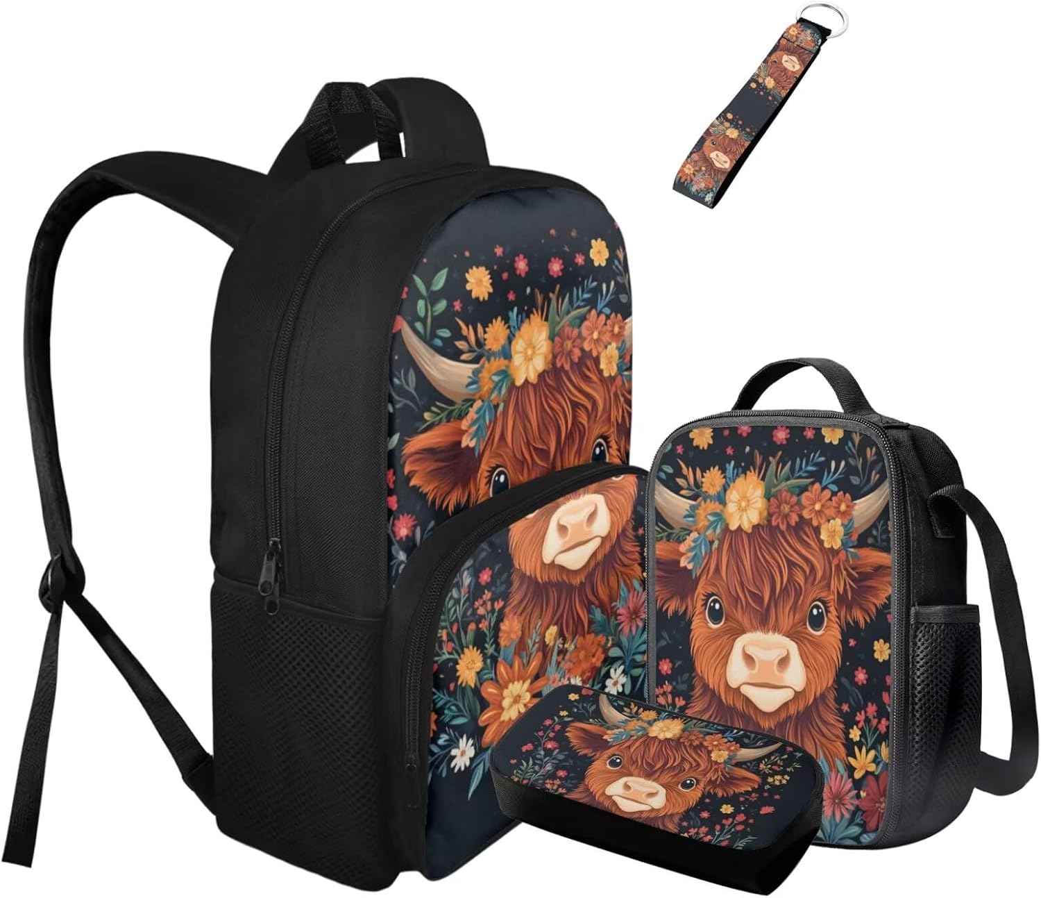 Glorowreny Highland Cow Girls Backpack with Lunch Box Kawaii 15 Inch Bookbag for Girls 7-8 Ages Lightweight School Lunch Bag for Kids 4 Piece Casual Daycare Bags - Image 4