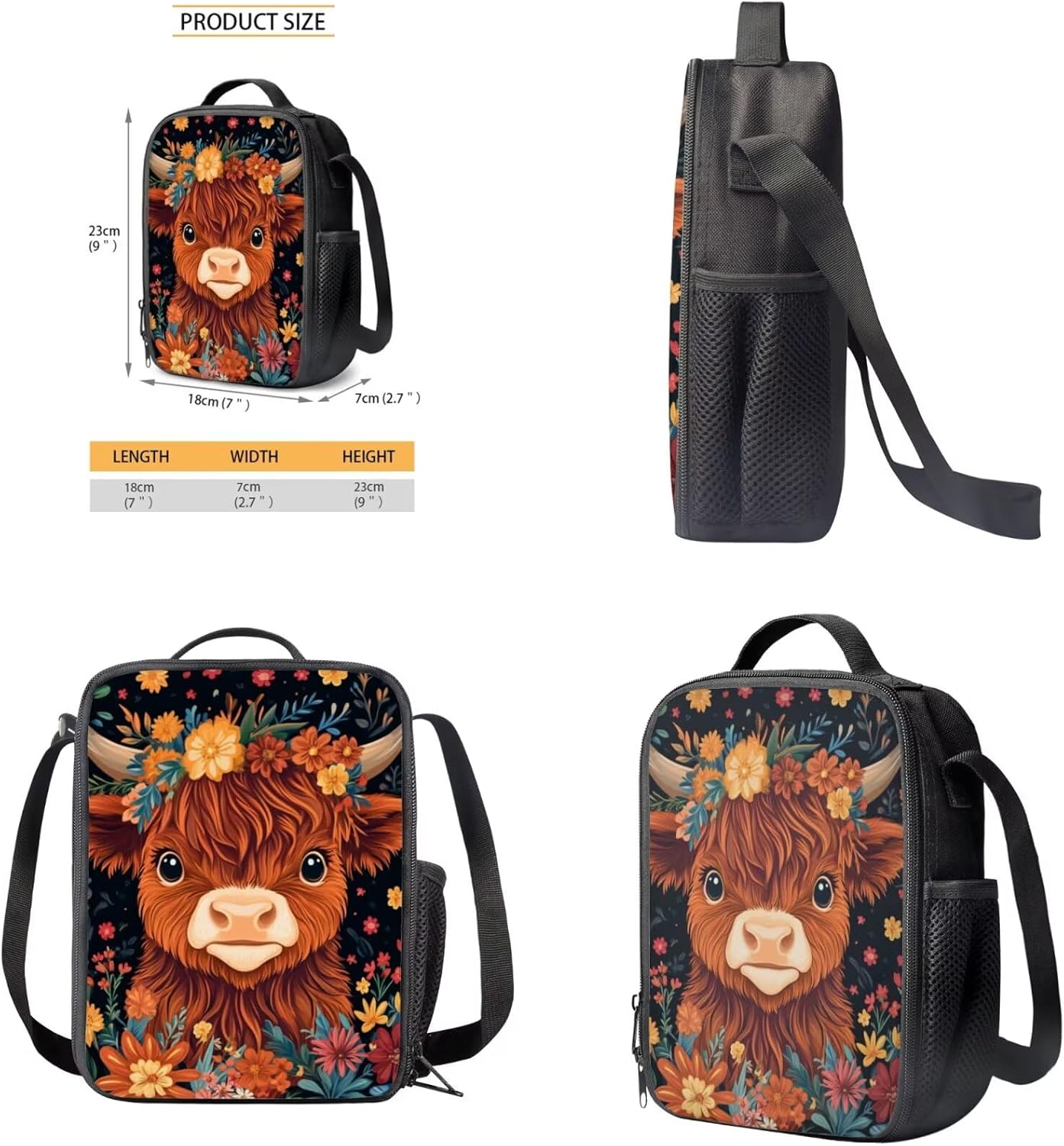 Glorowreny Highland Cow Girls Backpack with Lunch Box Kawaii 15 Inch Bookbag for Girls 7-8 Ages Lightweight School Lunch Bag for Kids 4 Piece Casual Daycare Bags - Image 2