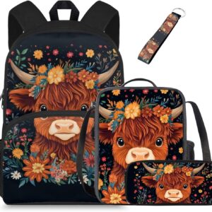 Glorowreny Highland Cow Girls Backpack with Lunch Box Kawaii 15 Inch Bookbag for Girls 7-8 Ages Lightweight School Lunch Bag for Kids 4 Piece Casual Daycare Bags