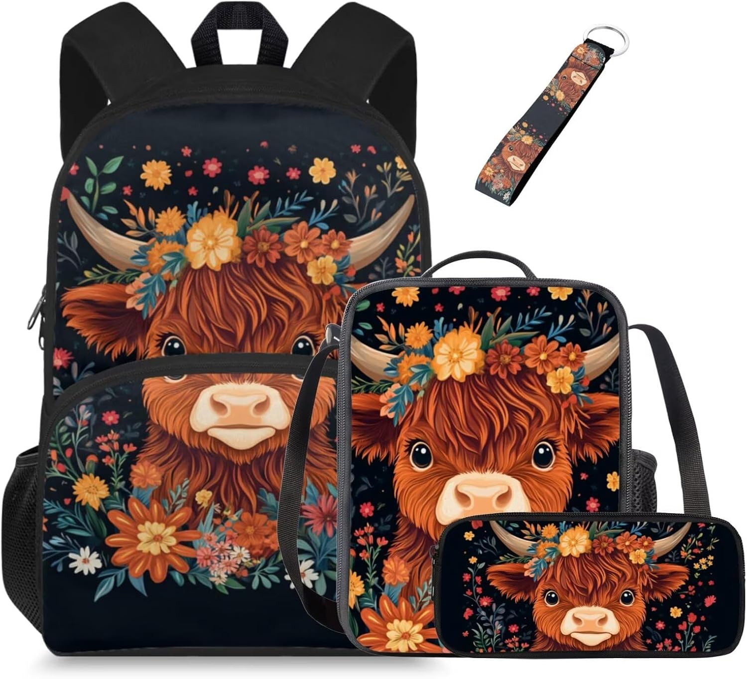 Glorowreny Highland Cow Girls Backpack with Lunch Box Kawaii 15 Inch Bookbag for Girls 7-8 Ages Lightweight School Lunch Bag for Kids 4 Piece Casual Daycare Bags