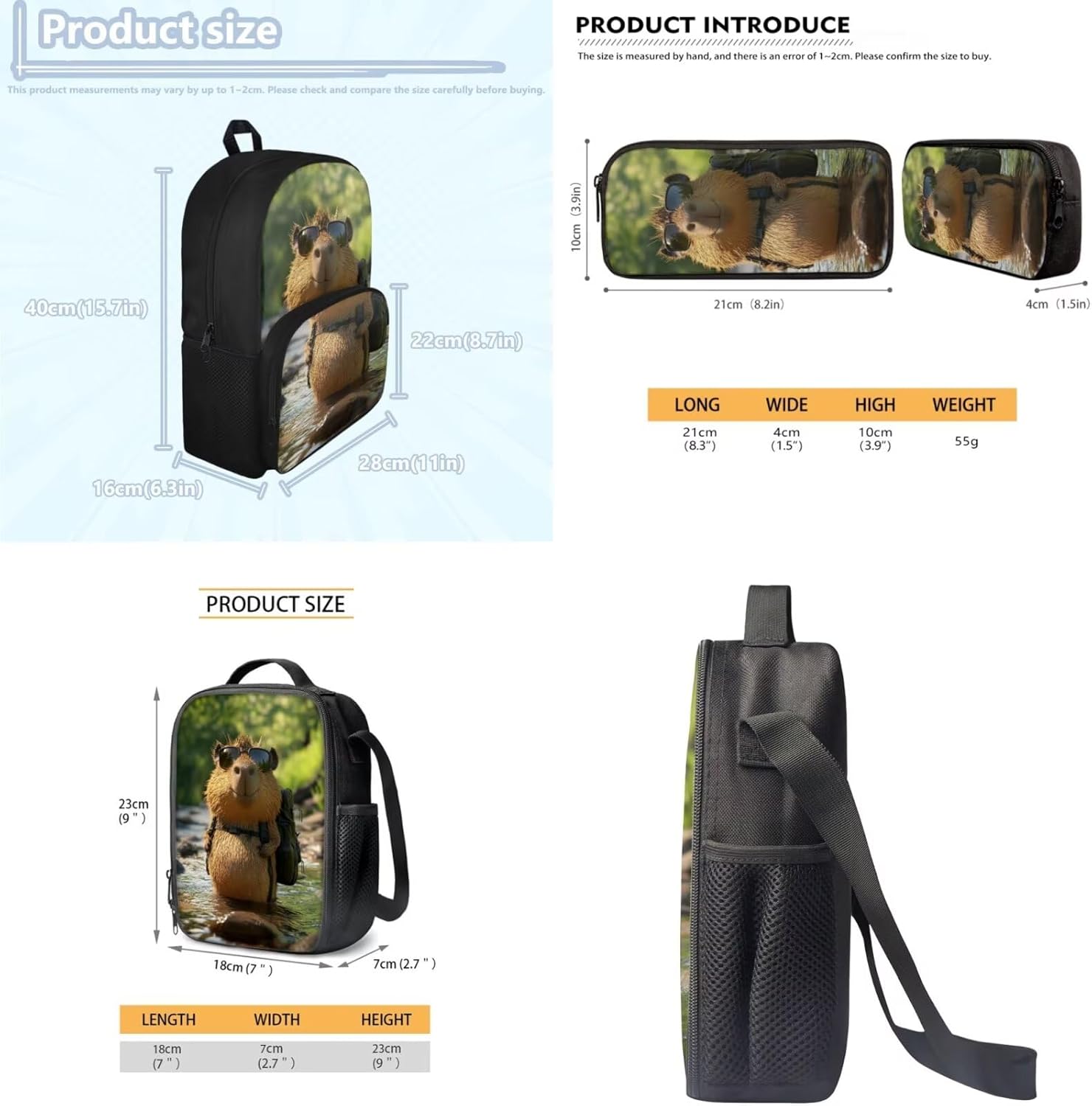 Glorowreny Kawaii Capybara Kids Backpack Girls Cute 4 in 1 Lightweight Girls Bookbag Ages 6-8 with Lunch Box 15 Inch Travel Rucksack with Sturdy Camping Lunch Bag - Image 7